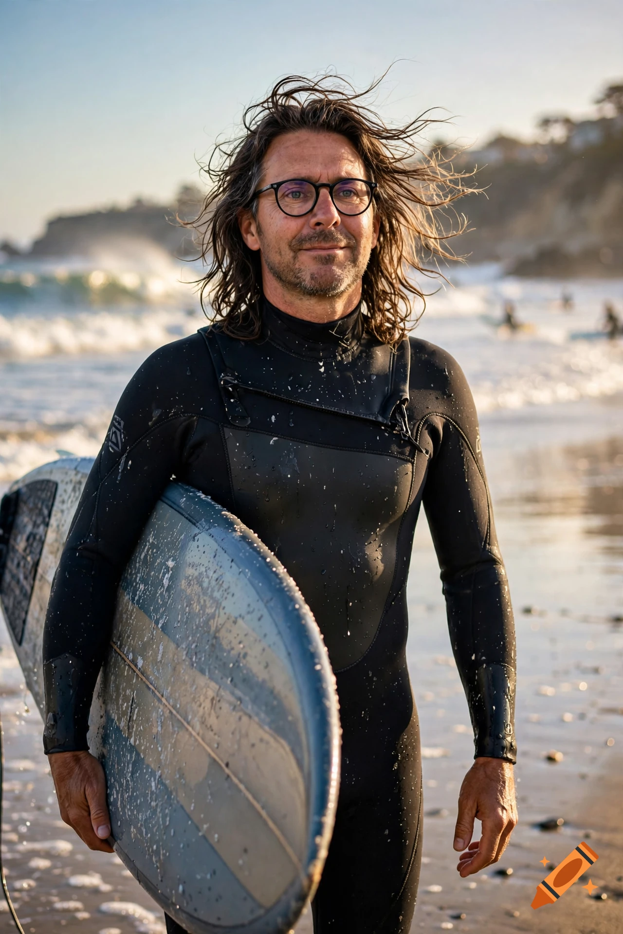 Photorealistic portrait of a middle-aged man with long hair and glasses wearing a wetsuit, holding a surfboard on a beach.