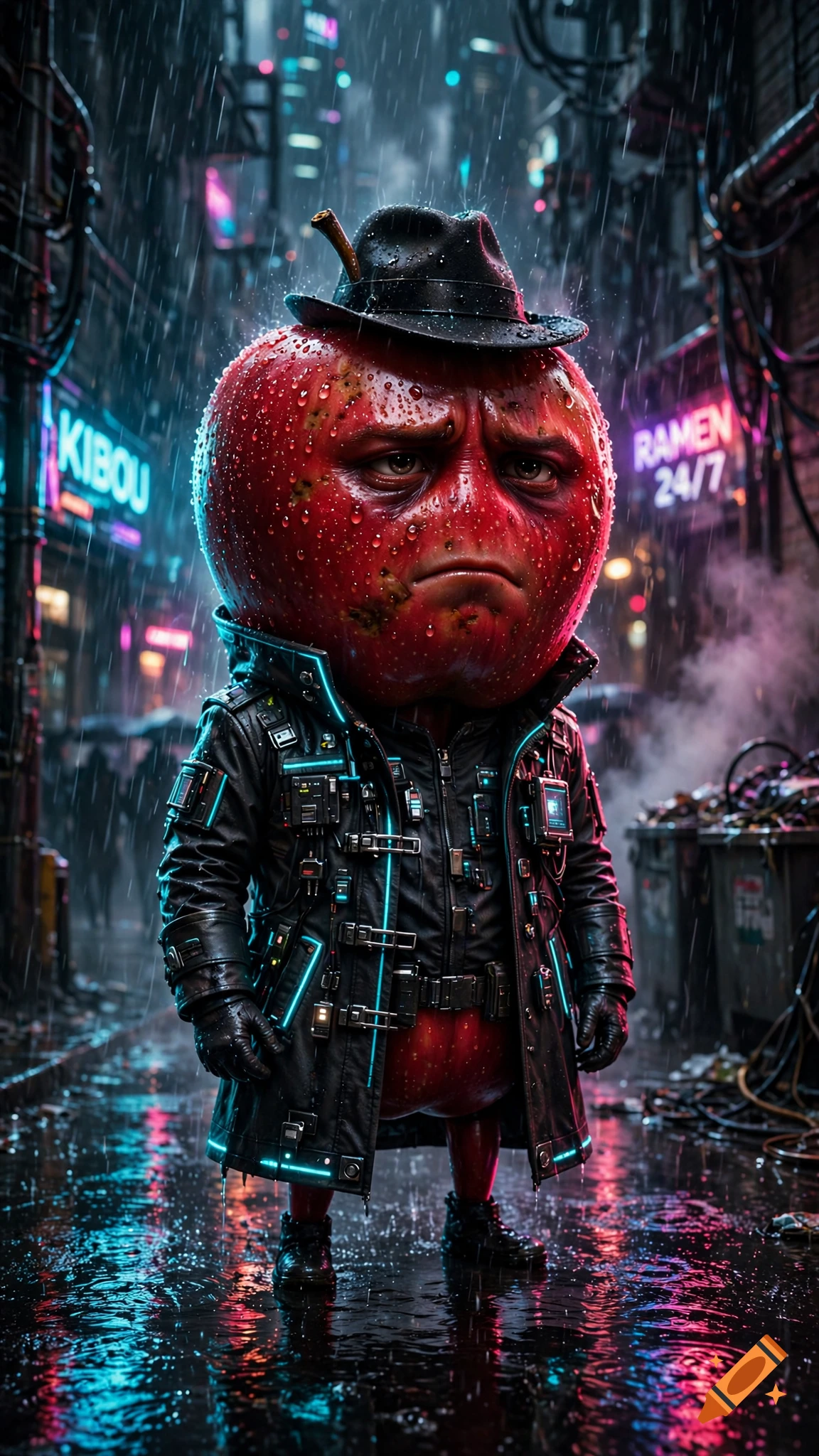 Cinematic cyberpunk portrait of a grumpy red apple wearing a fedora and trench coat in a rainy neon alley.