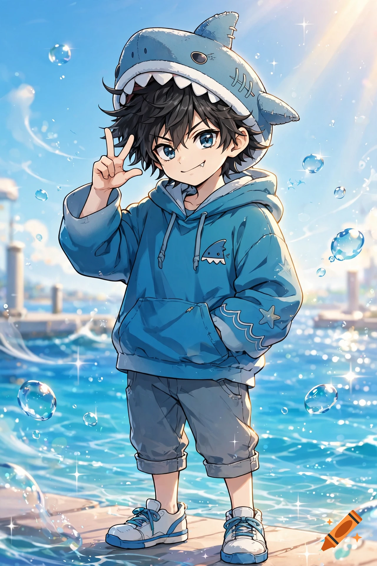Anime style illustration of a short boy wearing a blue shark hat and hoodie, flashing a peace sign near the ocean.