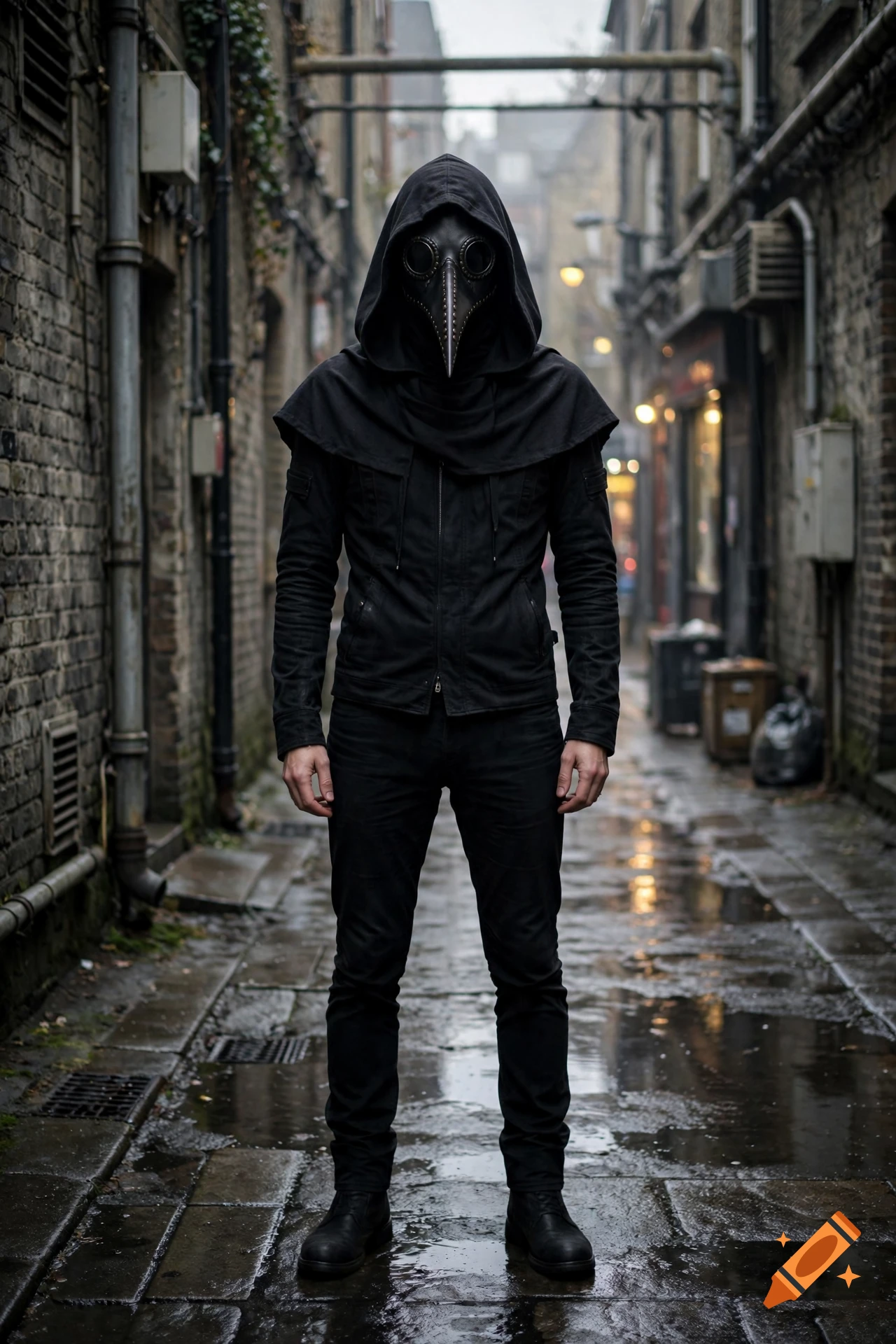 Photorealistic image of a slender man in black clothes, wearing a plague doctor mask and hood, standing in a wet alleyway.