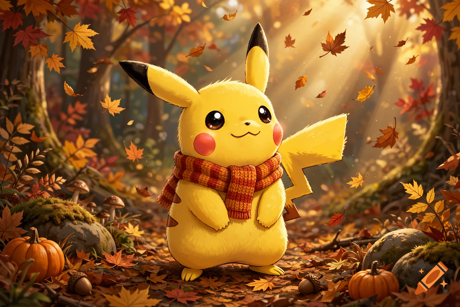 Pikachu wearing a cozy scarf standing in an autumn forest with falling leaves, pumpkins, and mushrooms.