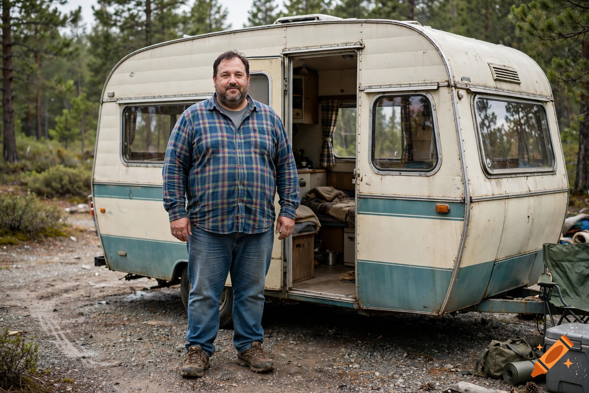 Photorealistic image of a man standing in front of an old camper trailer in a wooded area.