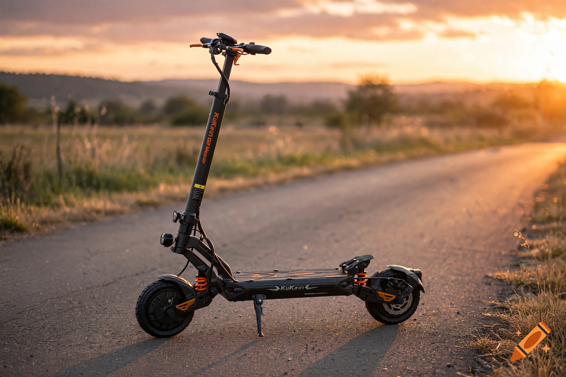 An electric scooter parked on an asphalt path during a vibrant sunset, photorealistic style.