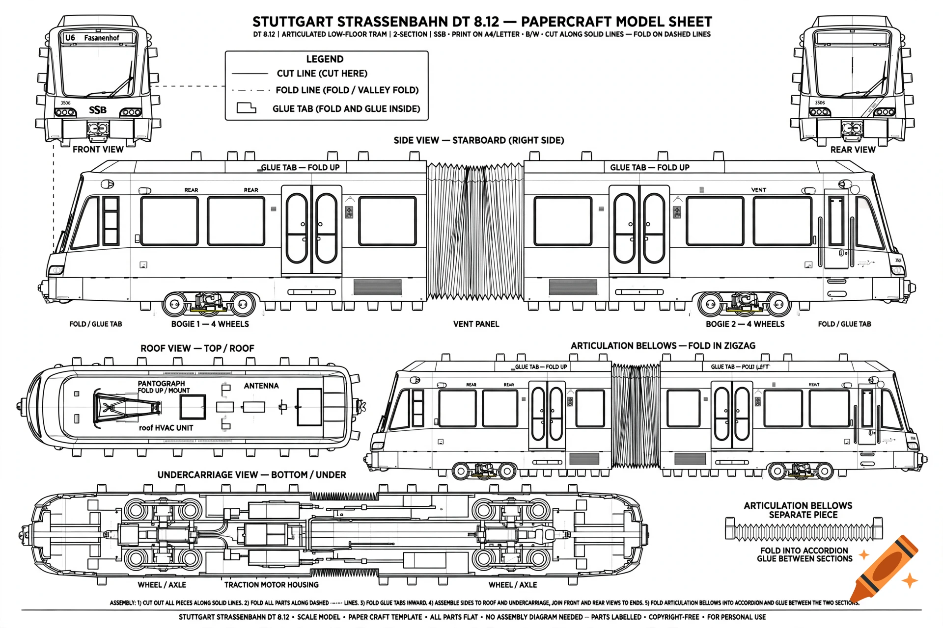 Black and white papercraft model sheet of a Stuttgart Strassenbahn DT 8.12 tram with multiple views and assembly instructions.