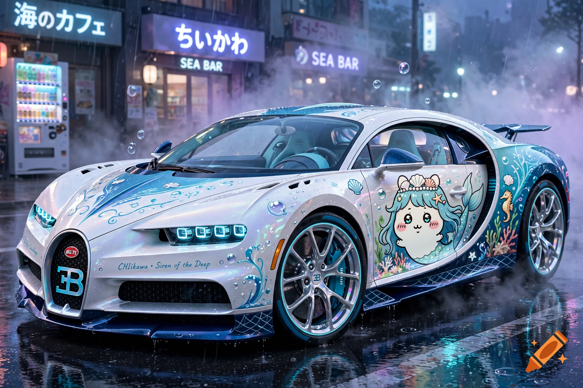 A stylized white and blue Bugatti sports car with a cute anime mermaid character illustration parked on a wet rainy street at night.