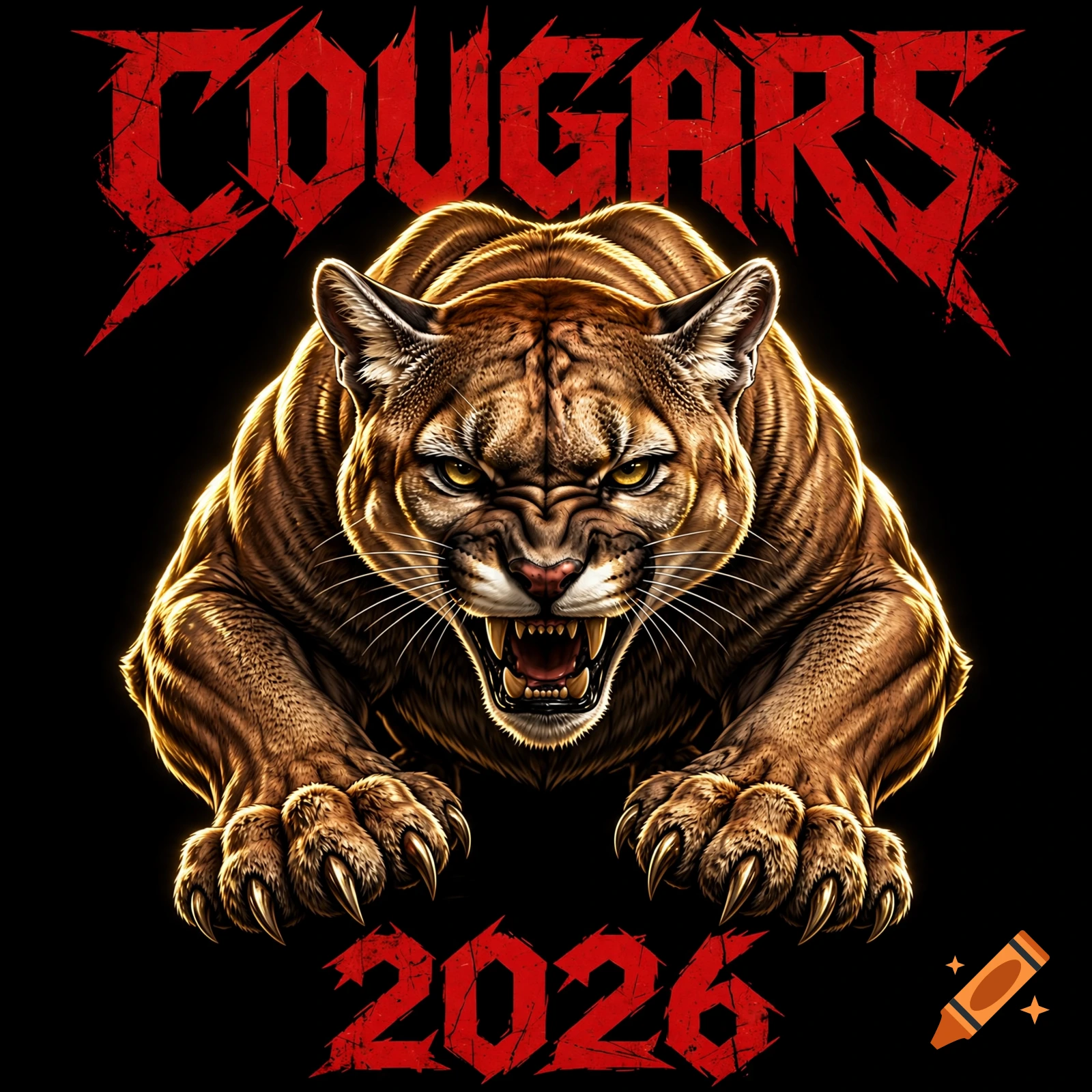 Aggressive gold cougar with glowing eyes and sharp claws lunging forward, with red heavy metal style text 'COUGARS' and '2026' on a black background.