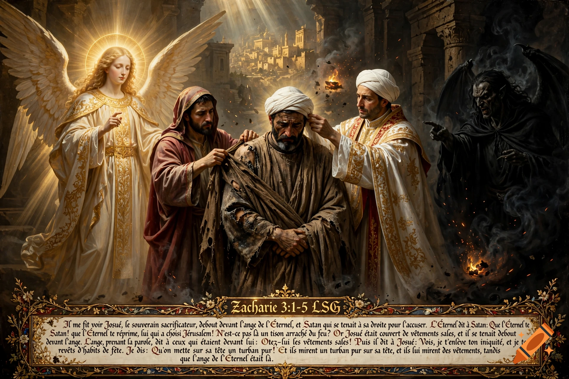 An artistic depiction of a biblical scene with an angel, figures dressing Joshua, and a dark demon.