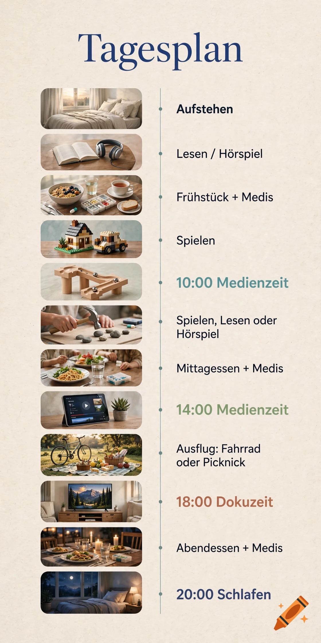 A daily planner schedule template in German with photographic illustrations for each activity time slot.