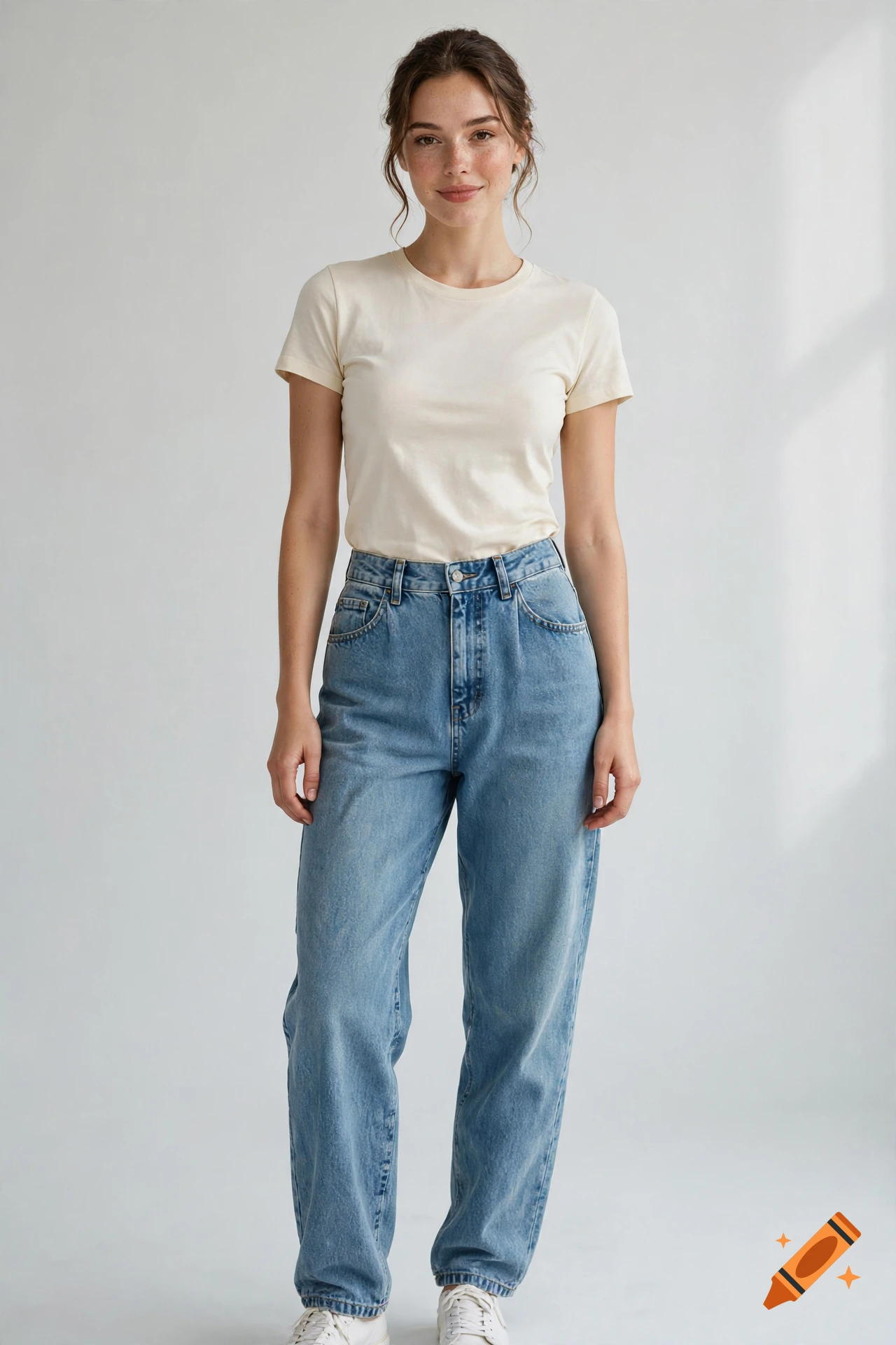 Full-length photorealistic portrait of a young woman with freckles wearing a beige t-shirt and baggy blue jeans against a plain white background.