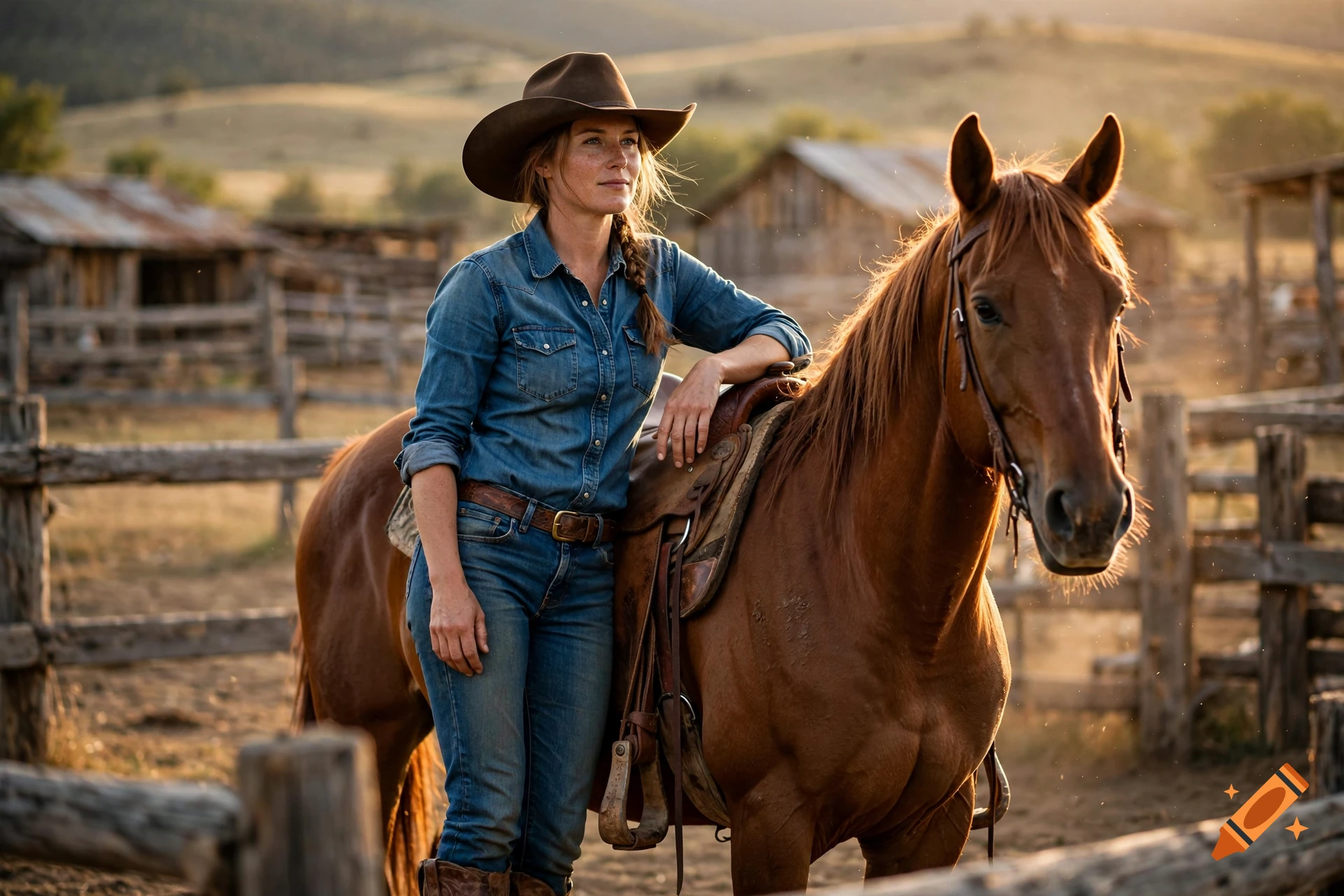 Photorealistic image of a cowgirl in a denim shirt and hat standing next to a brown horse at a ranch during sunset.