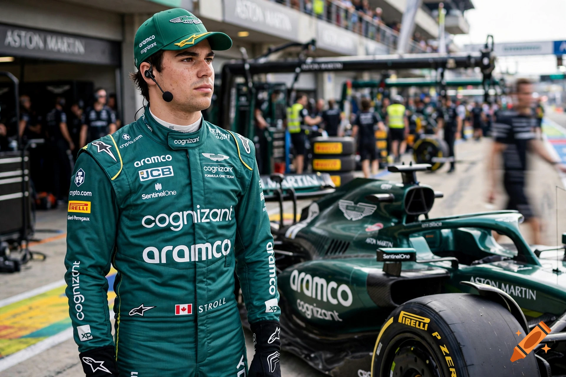 Photorealistic portrait of Formula 1 driver Lance Stroll in a green racing suit and cap in the pit lane next to his car.