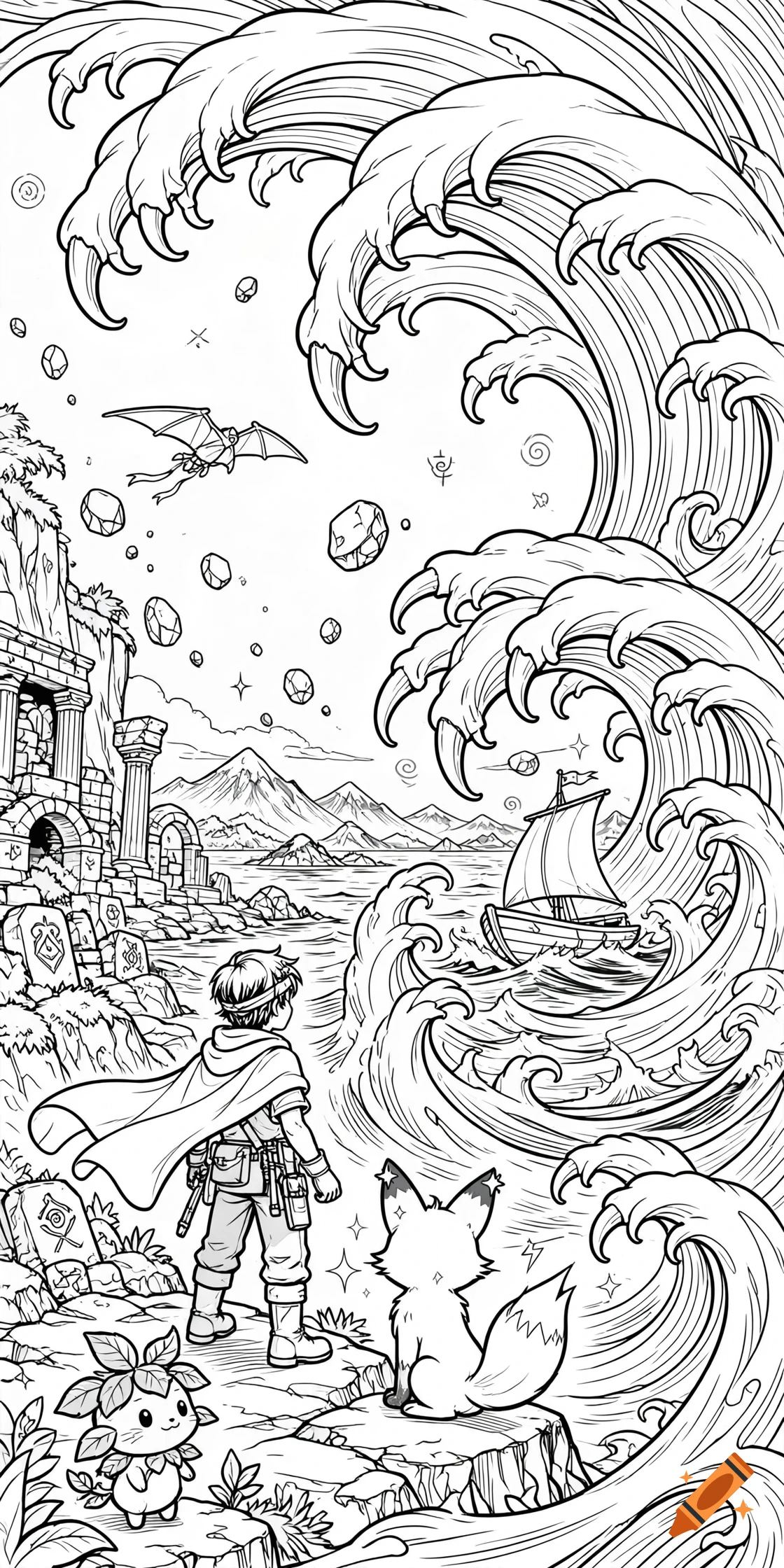 Black and white manga style coloring page featuring an adventurer and a fox looking at a giant wave, inspired by The Great Wave off Kanagawa.