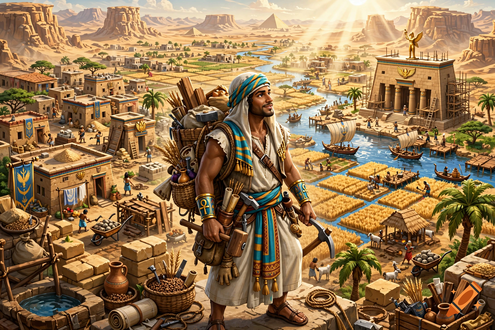 Digital illustration of an ancient Egyptian settlement with a builder holding tools in the foreground, overlooking a river valley and fields.