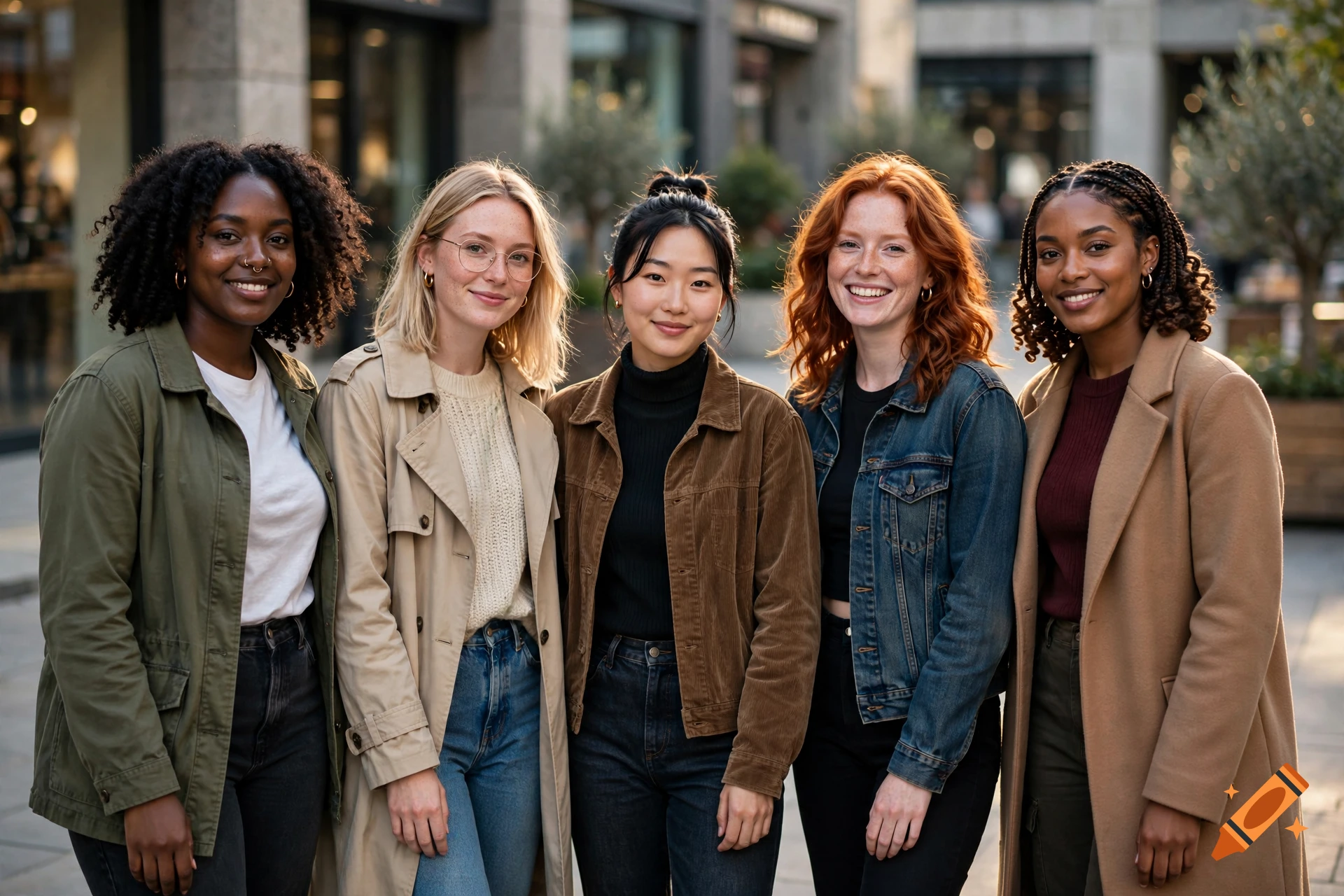 Photorealistic group portrait of five diverse young women smiling together outdoors in an urban setting.