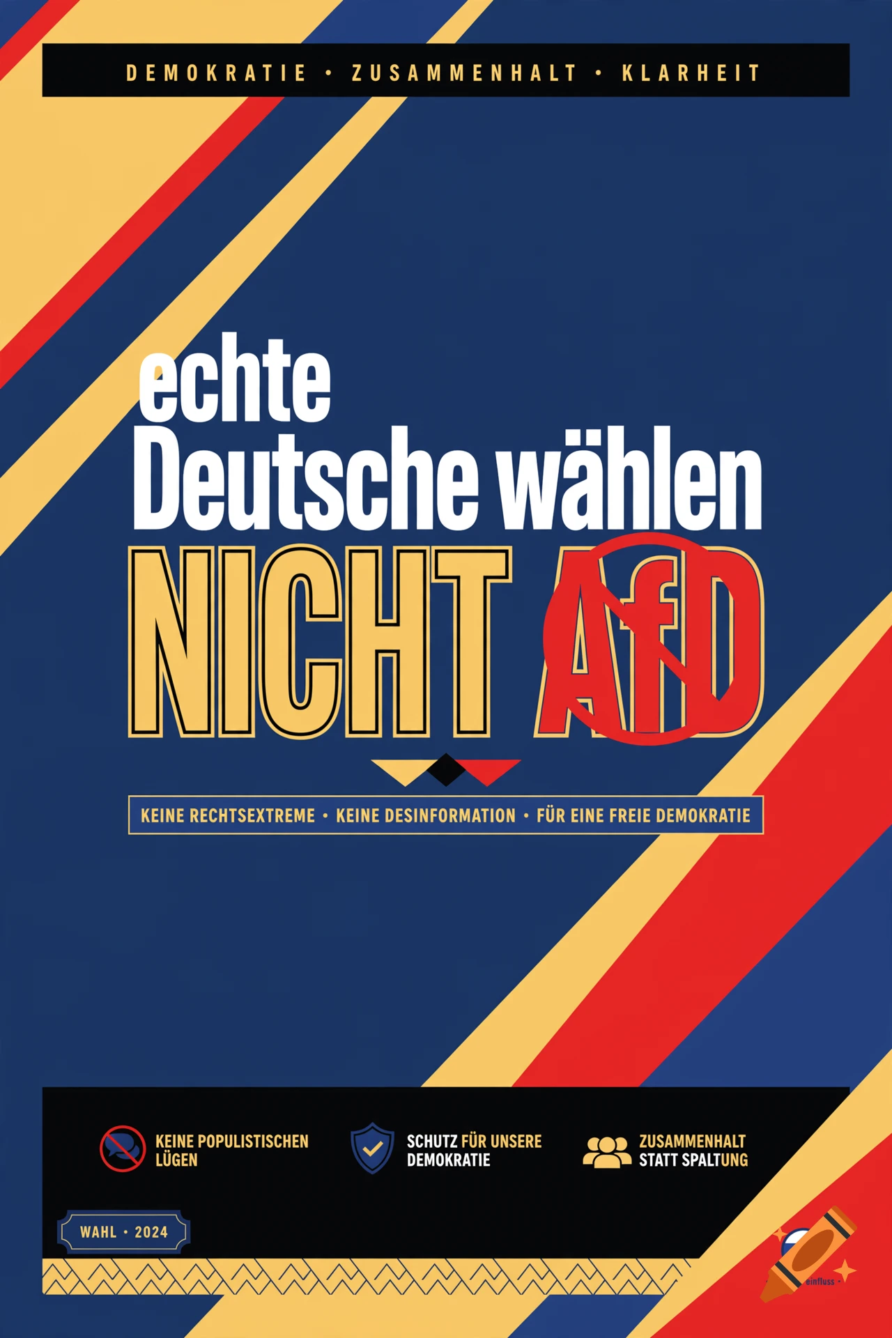 A political campaign poster in blue, black, red, and gold with German text reading echte Deutsche wählen NICHT AfD.