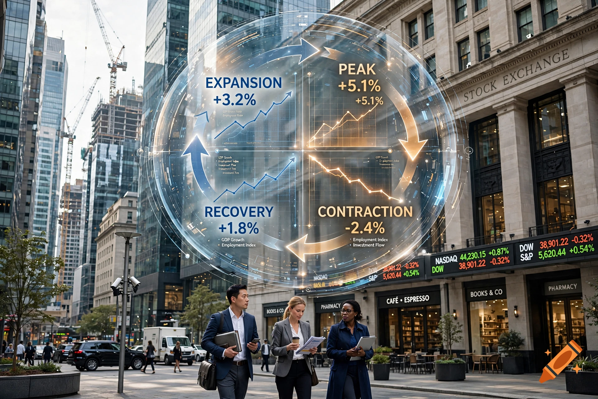 Three business professionals walking on a city street in front of a stock exchange, with a large holographic economic cycle graphic overhead.