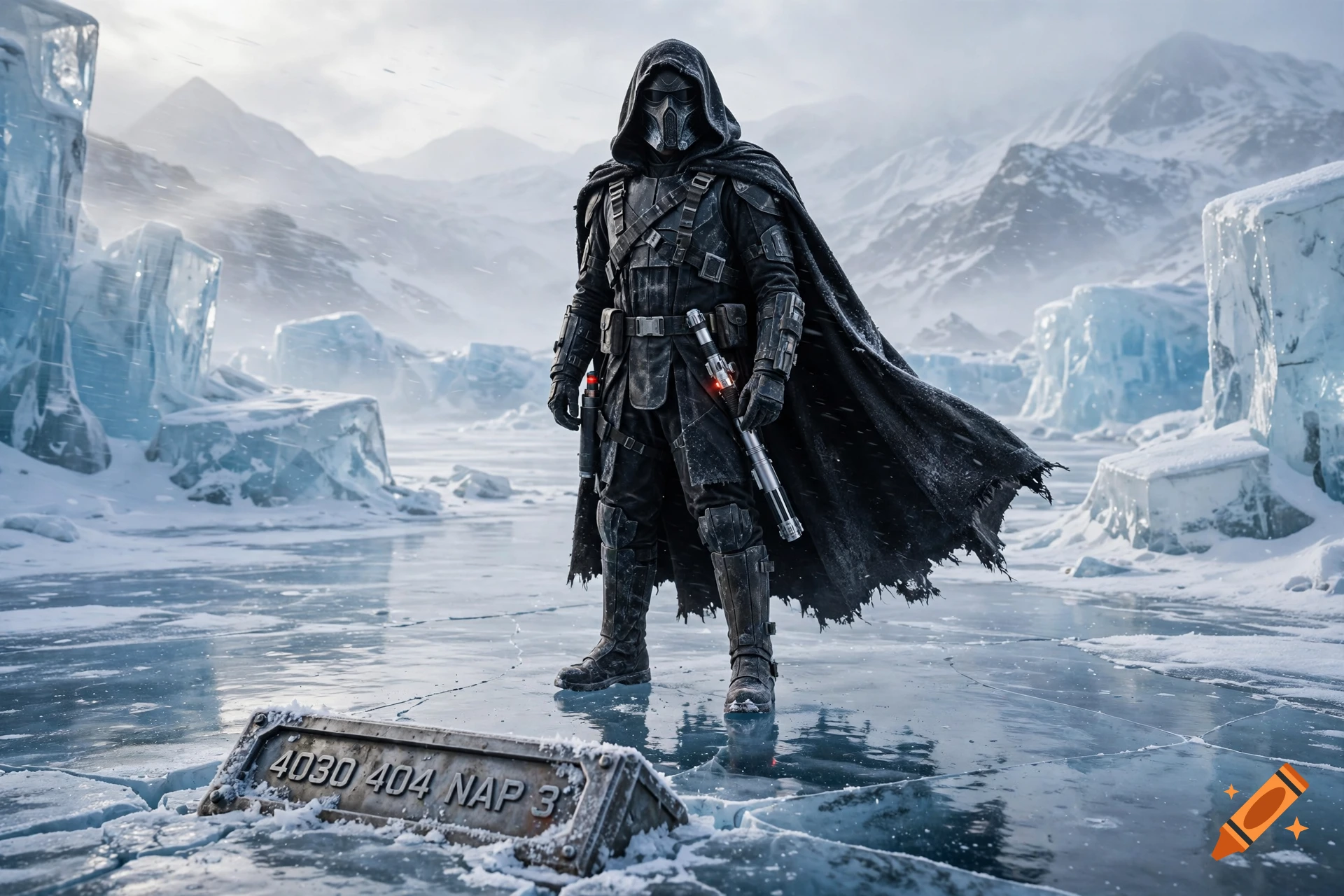Photorealistic image of a Sith warrior in dark armor and hood holding a lightsaber on a frozen landscape next to a sign with text.