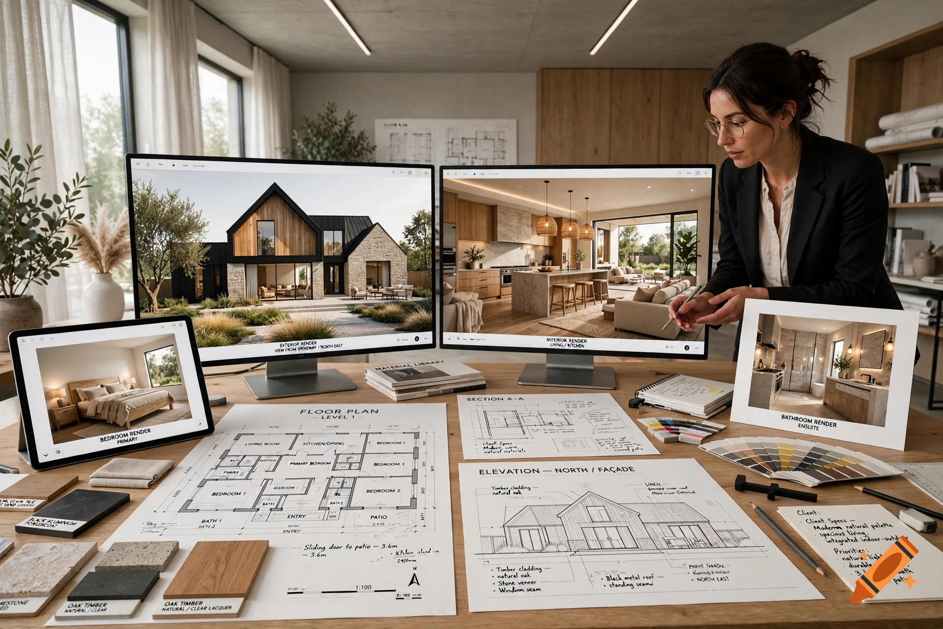 Photorealistic architectural workspace with floor plans, 3D renders on screens, and a woman pointing at a kitchen render.