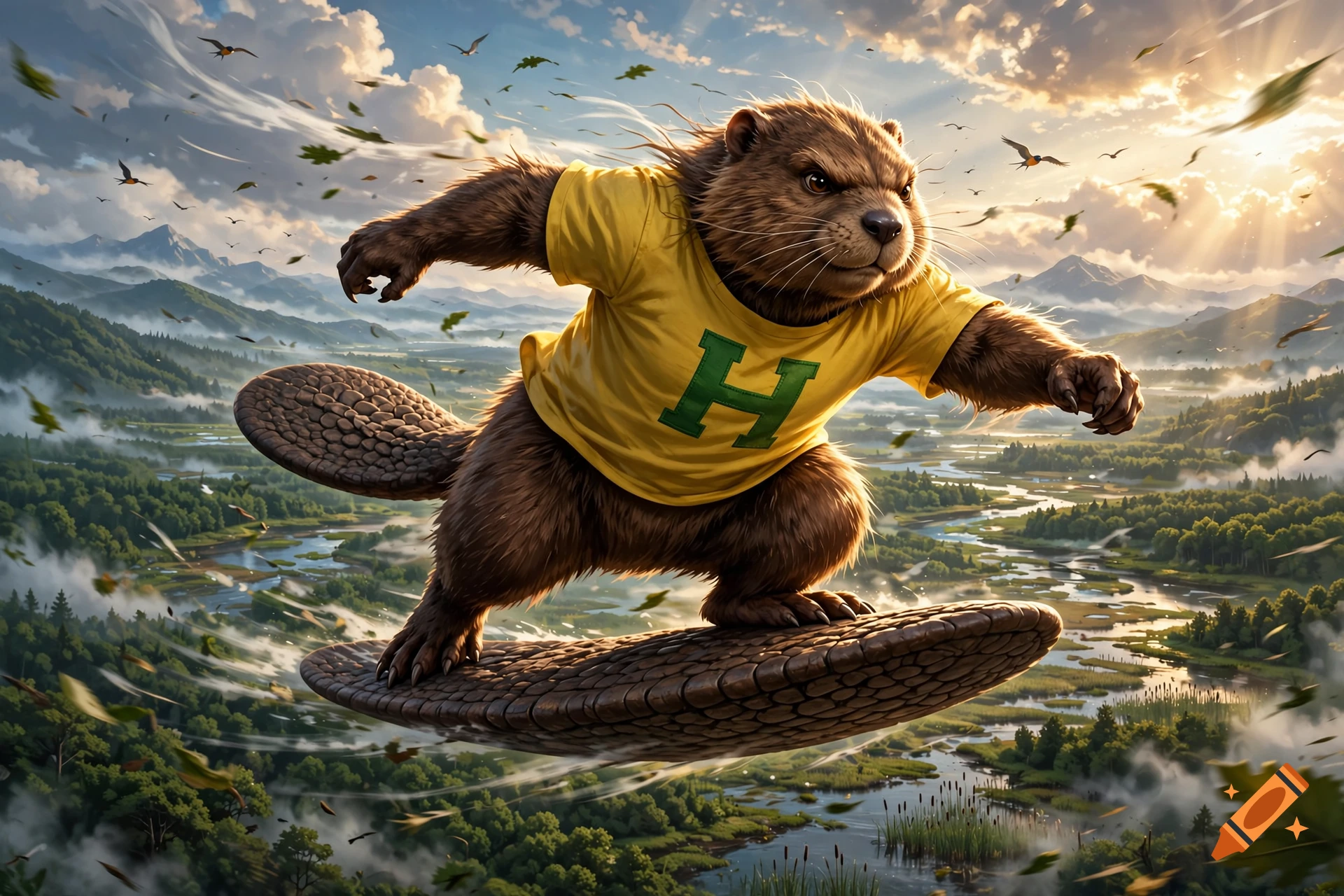 An anthropomorphic beaver wearing a yellow shirt with a green letter H flies over a valley on its wide tail, digital art style.
