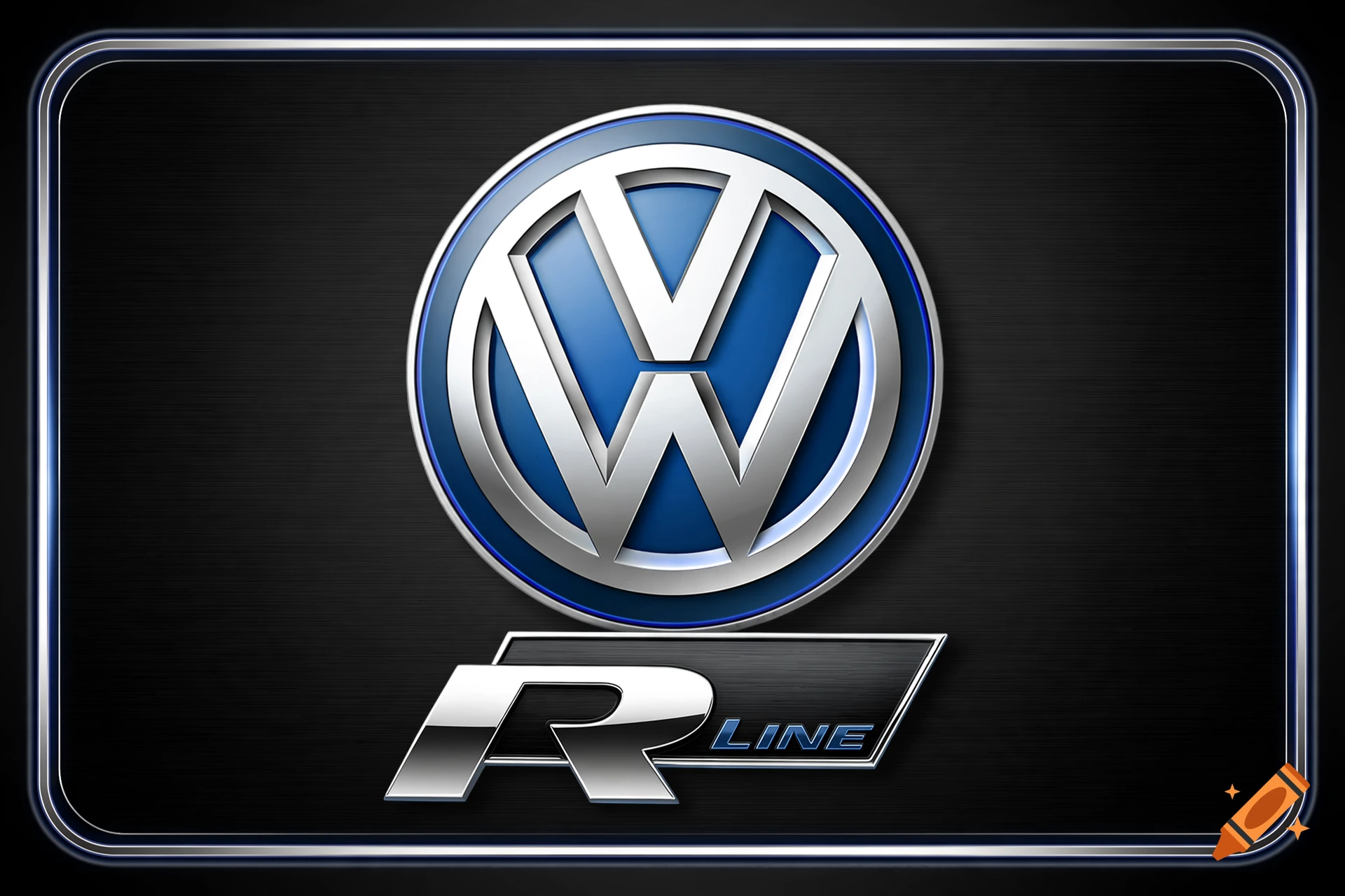 Volkswagen R-Line logo in chrome and blue on a textured black background with a metallic frame.