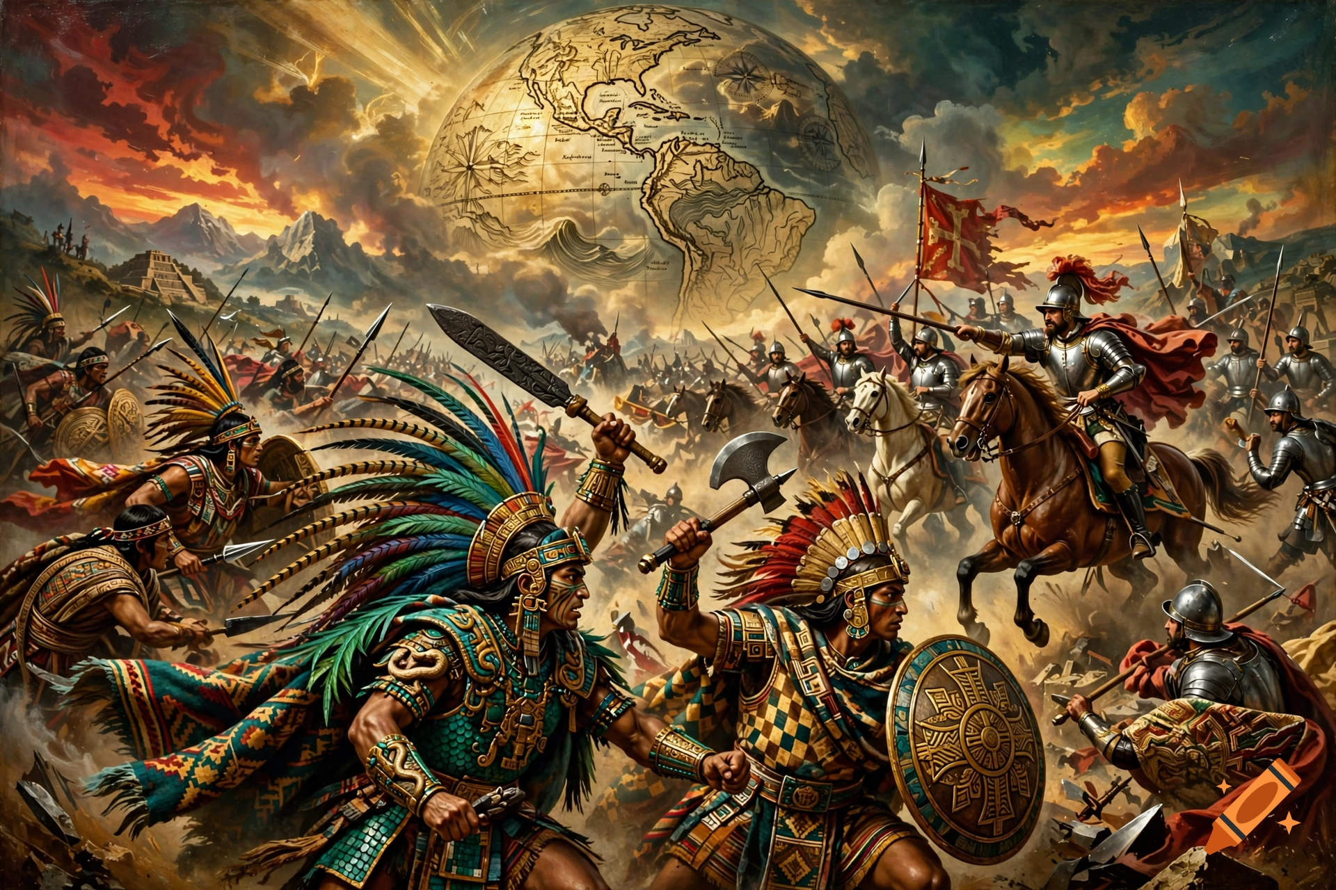 Oil painting depicting an epic battle between Indigenous warriors and Spanish Conquistadors with a large globe map in the background.