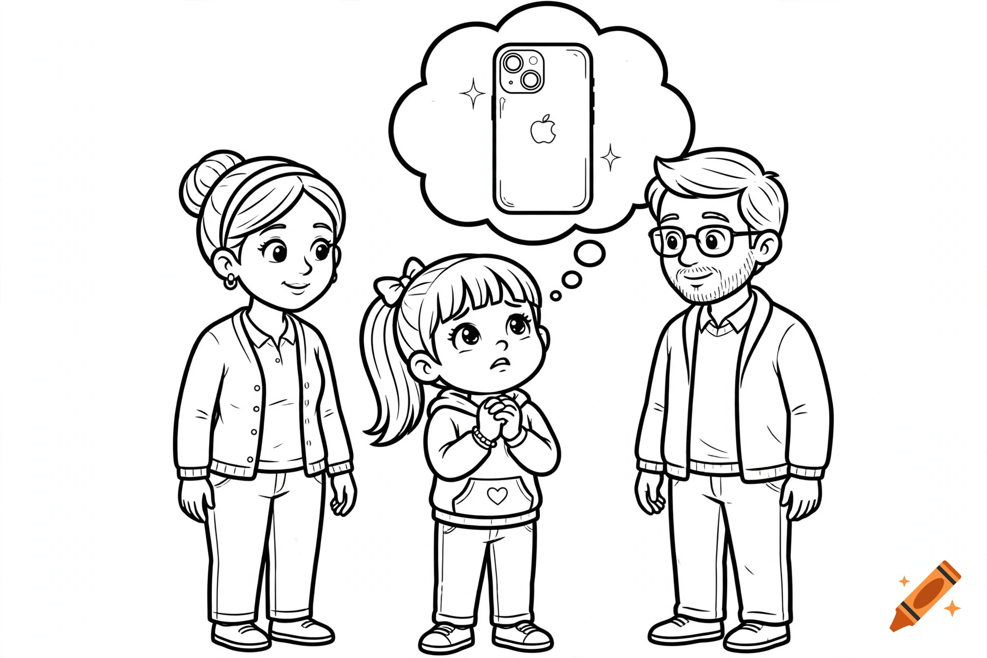Black and white coloring page of a young girl pleading with her parents for a smartphone, shown in a thought bubble.