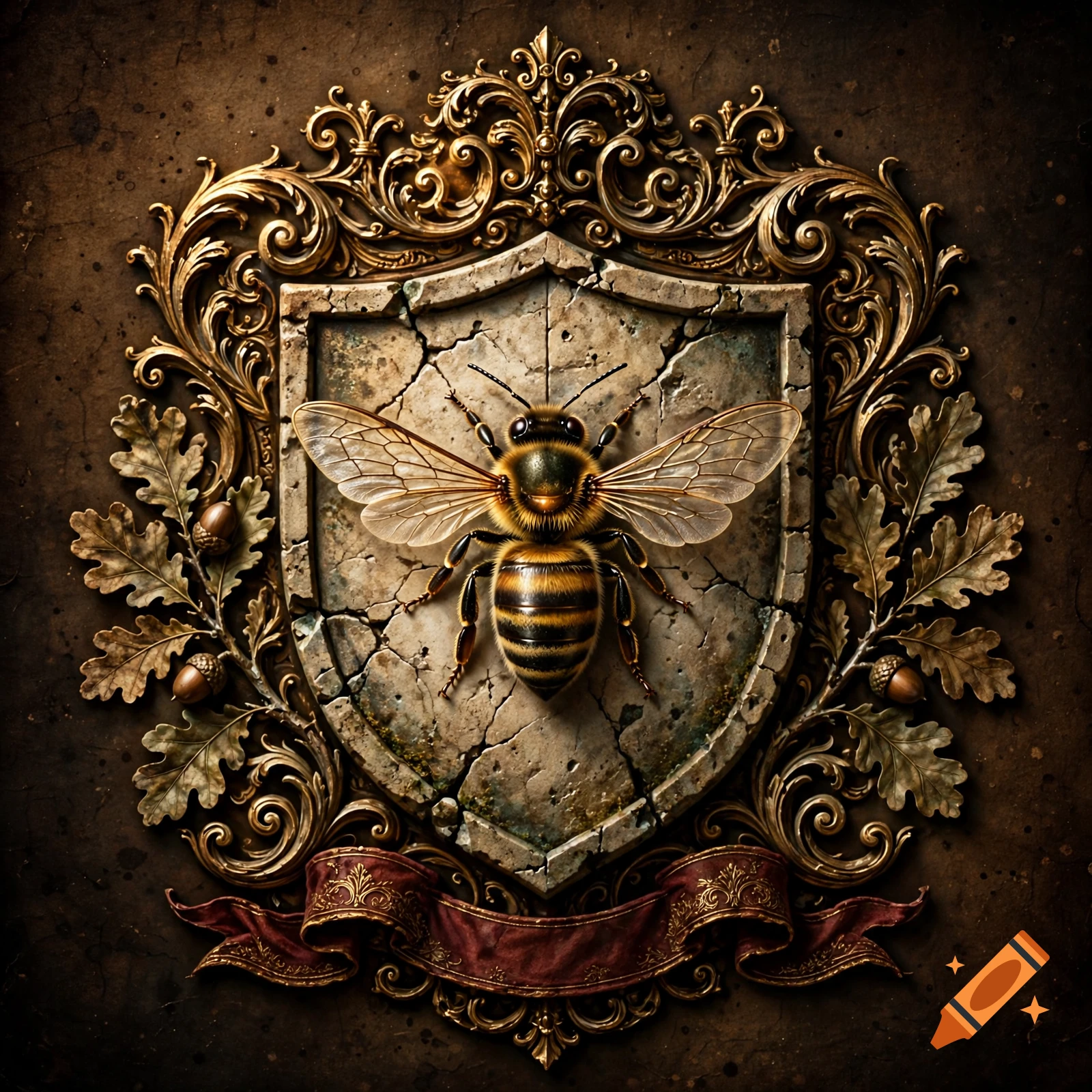 An antique heraldic shield featuring a central bee, surrounded by ornate gold filigree and oak leaves with acorns, on a dark textured background.