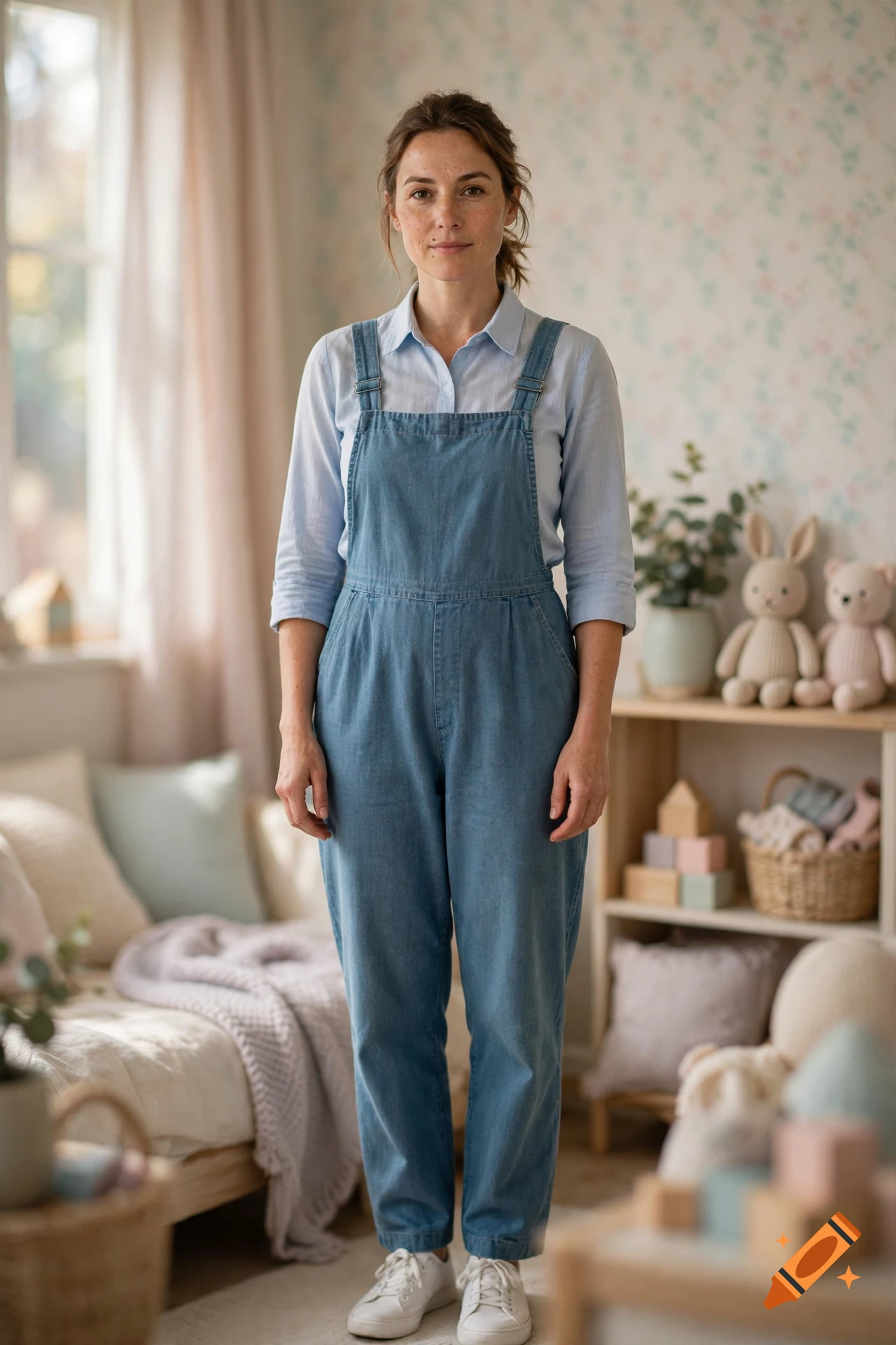 Photorealistic portrait of a smiling woman standing in a child's bedroom wearing blue overalls and a light blue shirt.
