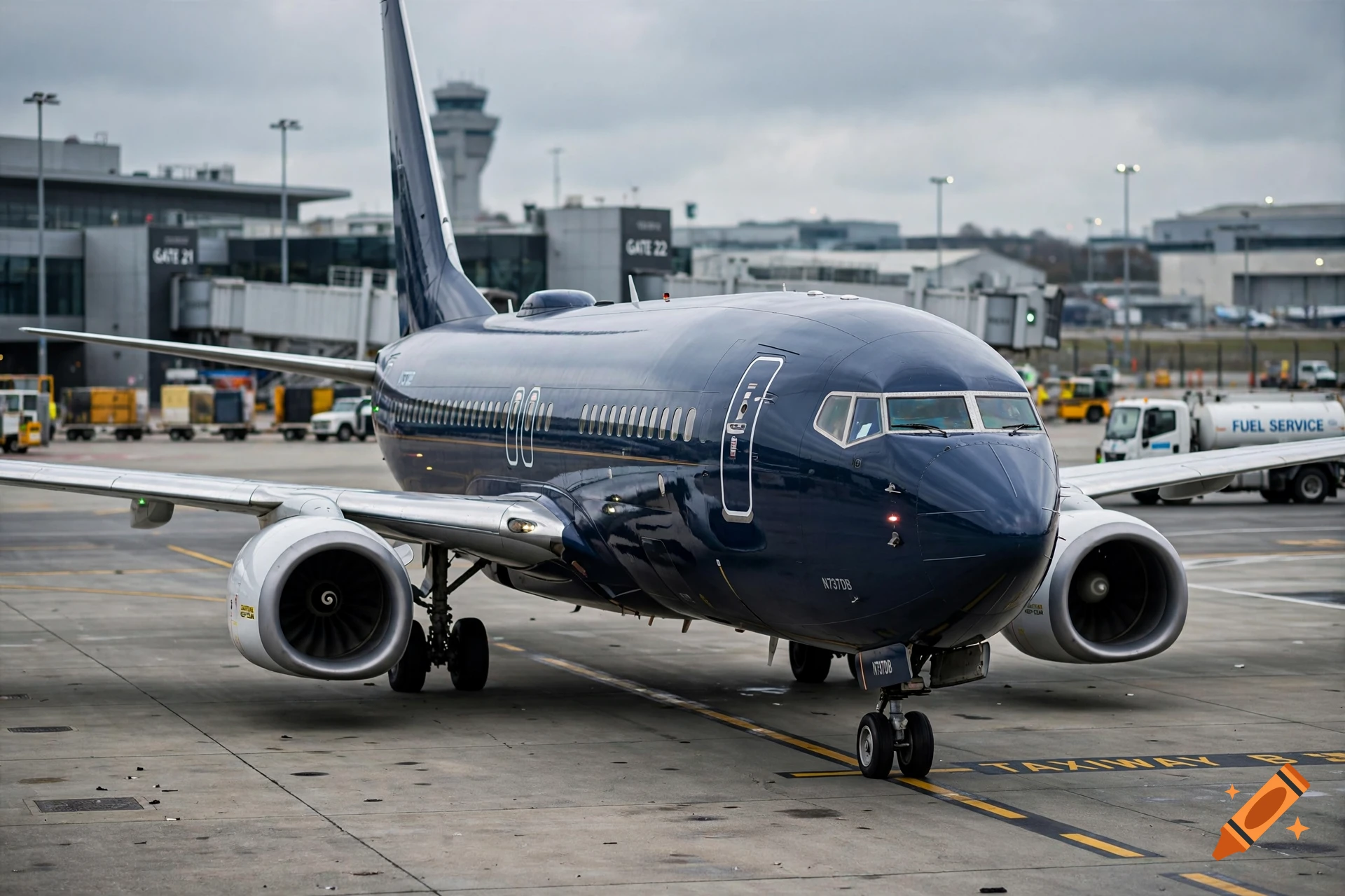 Photorealistic image of a dark blue Boeing 737 airplane parked on an airport tarmac.