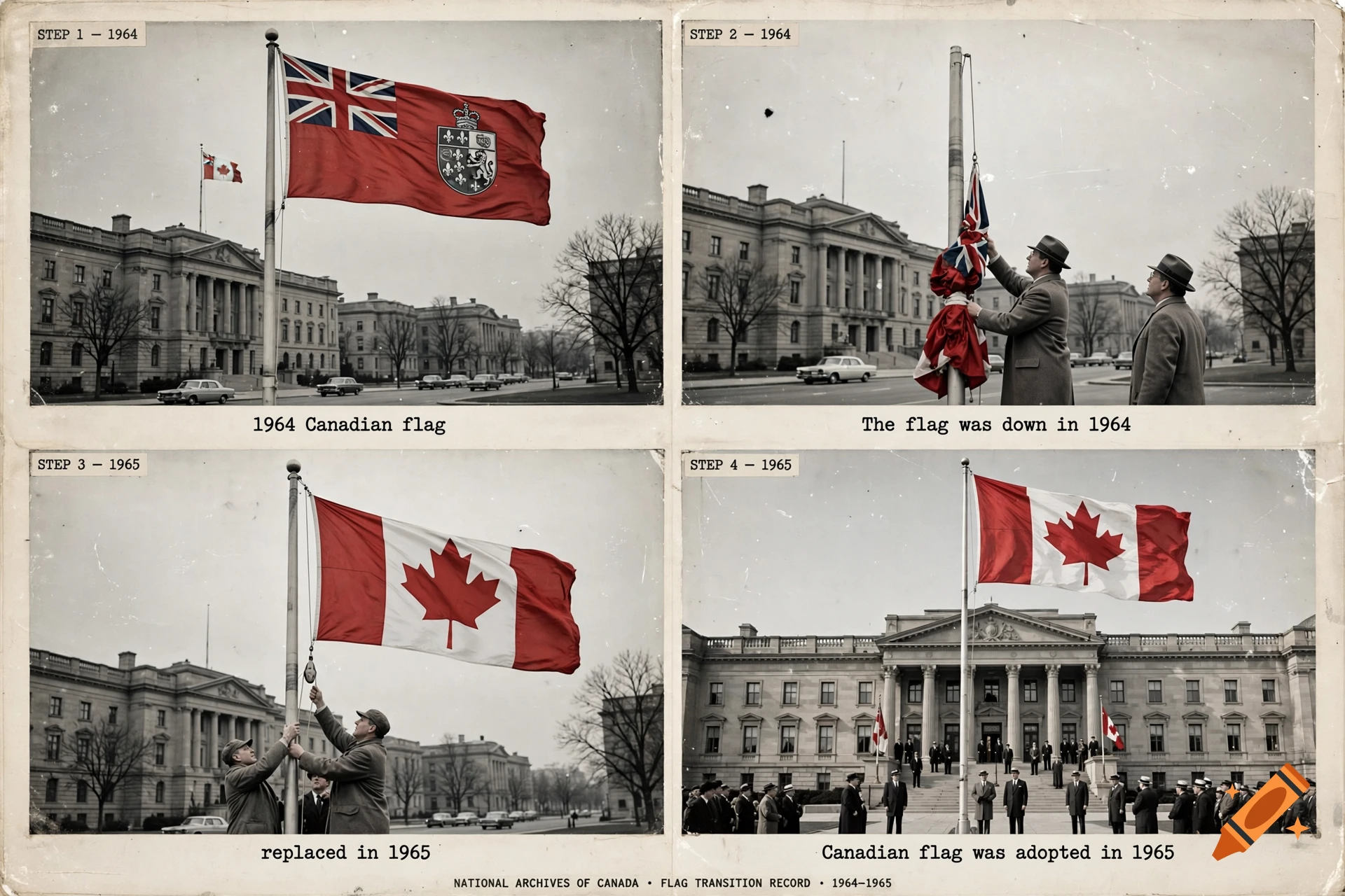 A four-panel historical photo collage showing the transition of the Canadian flag in 1964 and 1965.