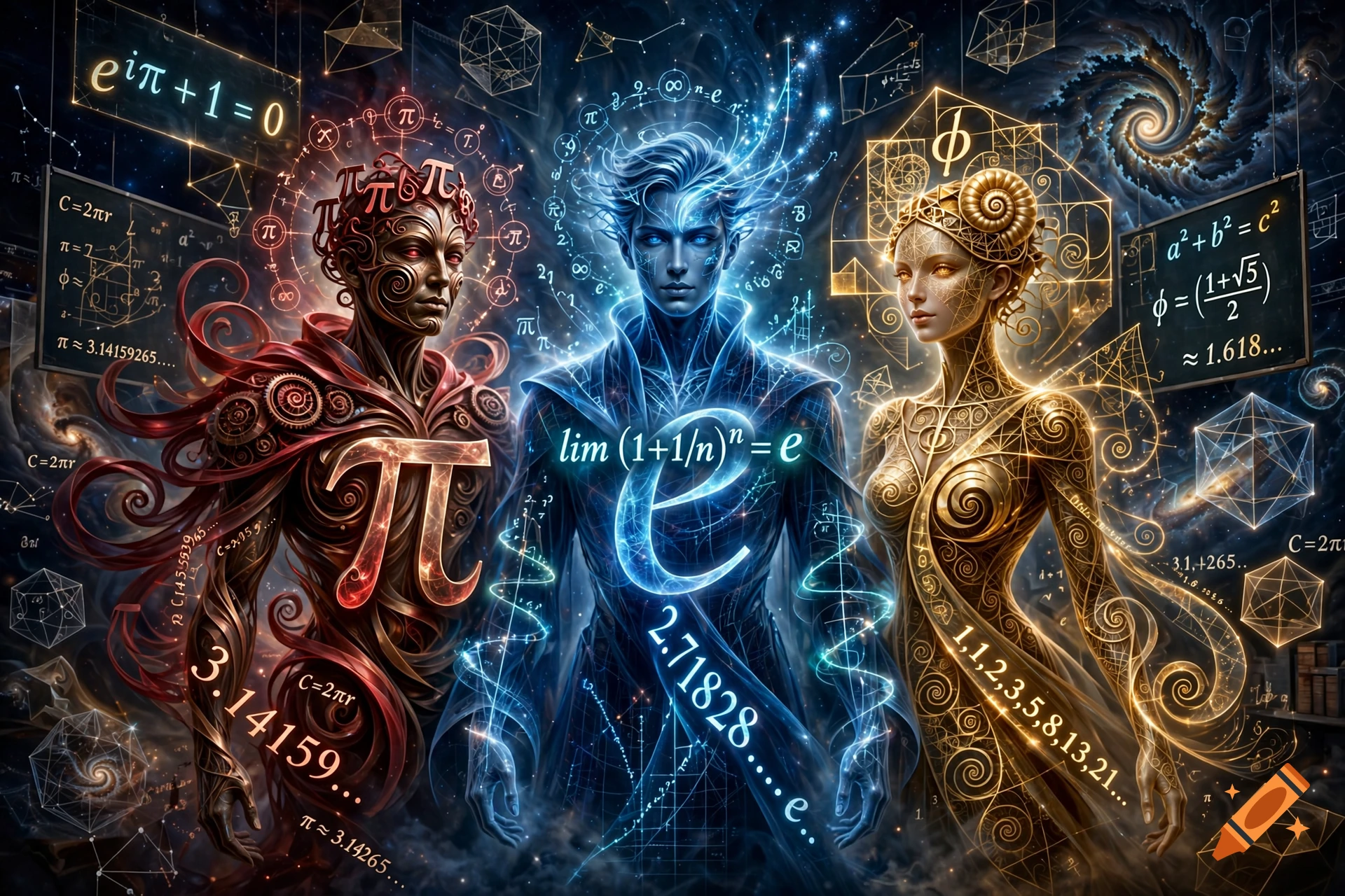 Three anthropomorphic figures representing mathematical constants pi, e, and phi in a cosmic, starry setting filled with equations and geometric symbols.