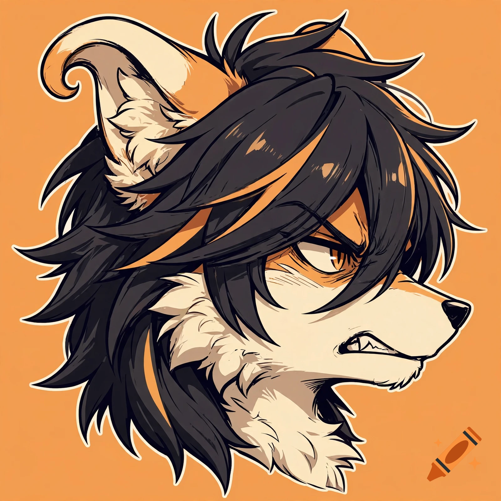 Anime style profile headshot of a fox character with emo black and orange hair, angry expression, and curled ears.