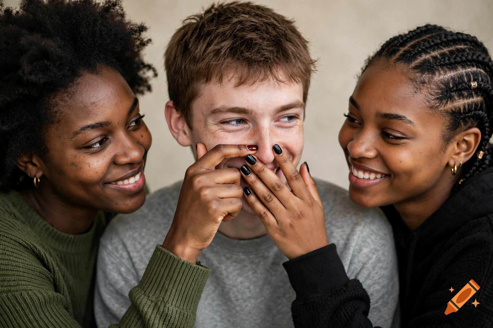 Close-up photorealistic portrait of a young white man having his nose pinched and mouth covered by two Black women, smiling.