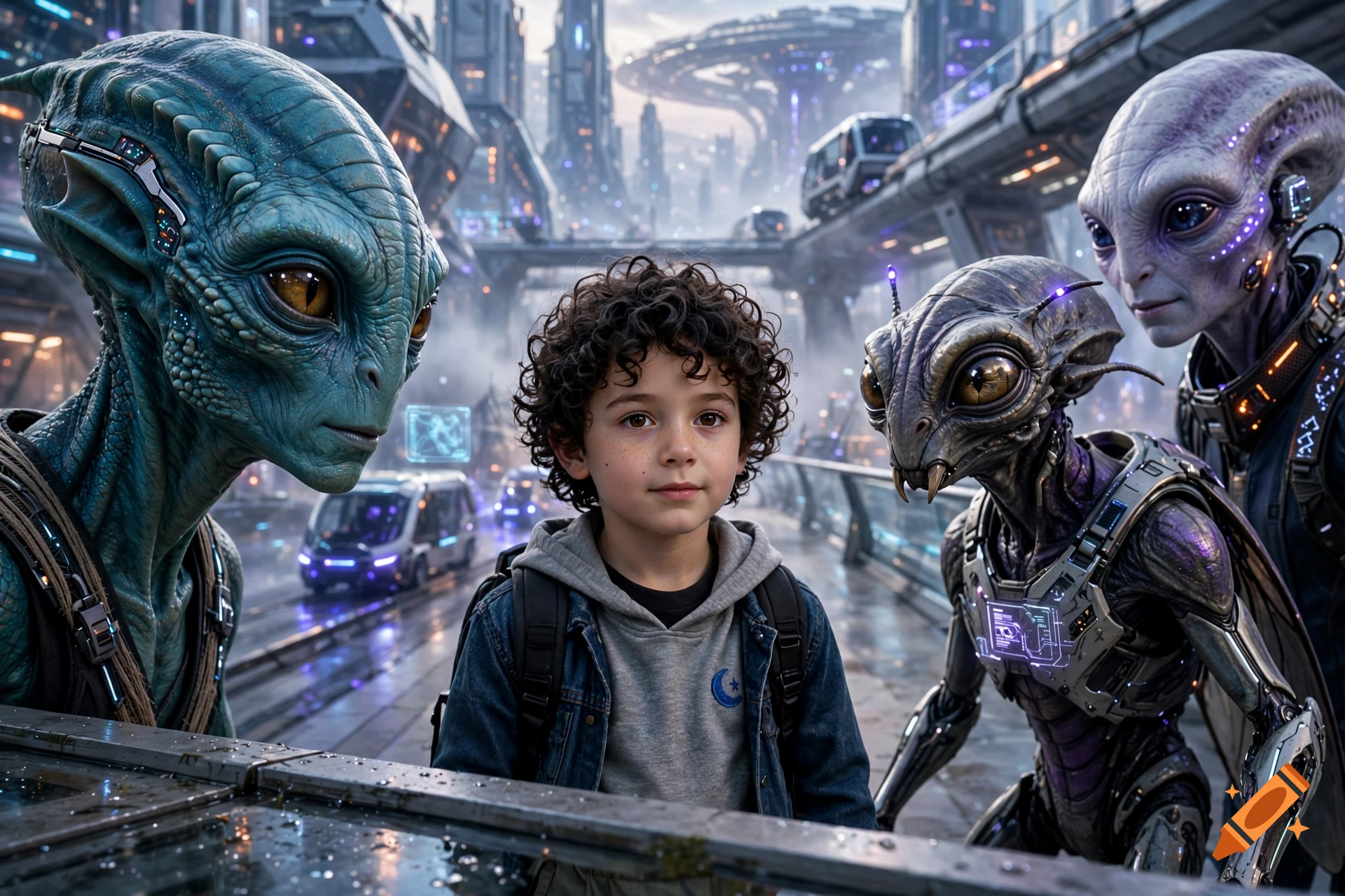 A young boy with curly hair standing among three detailed alien beings in a futuristic cityscape, photorealistic style.