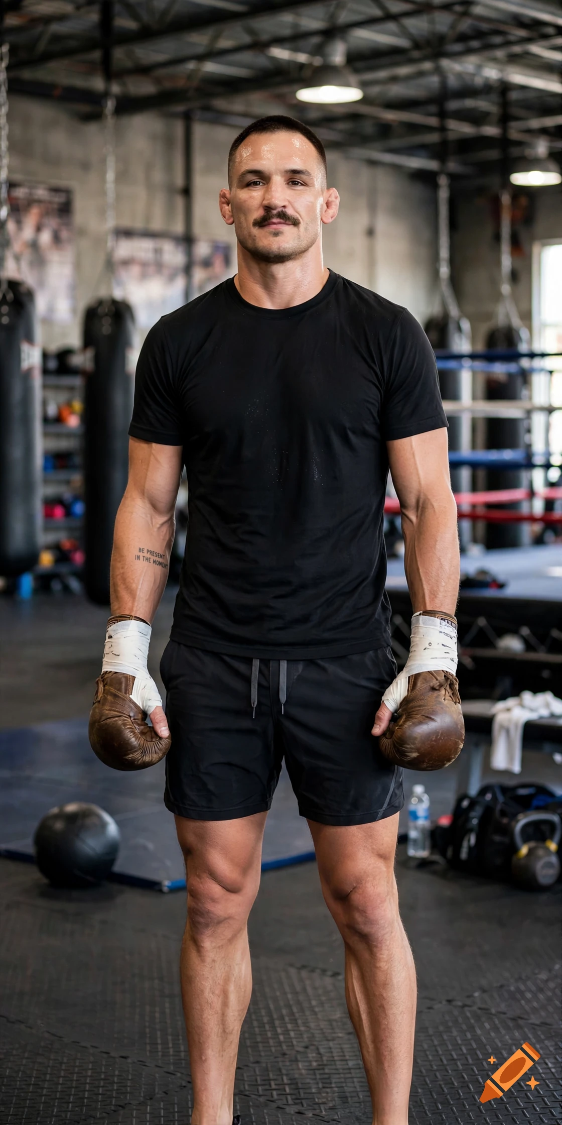 Photorealistic full-body portrait of a male fighter with a mustache, standing in a boxing gym wearing boxing gloves and shorts.