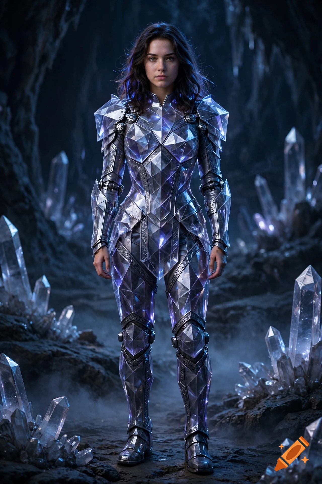 A photorealistic woman standing in a cave, wearing glowing purple and silver crystal armor surrounded by crystals.