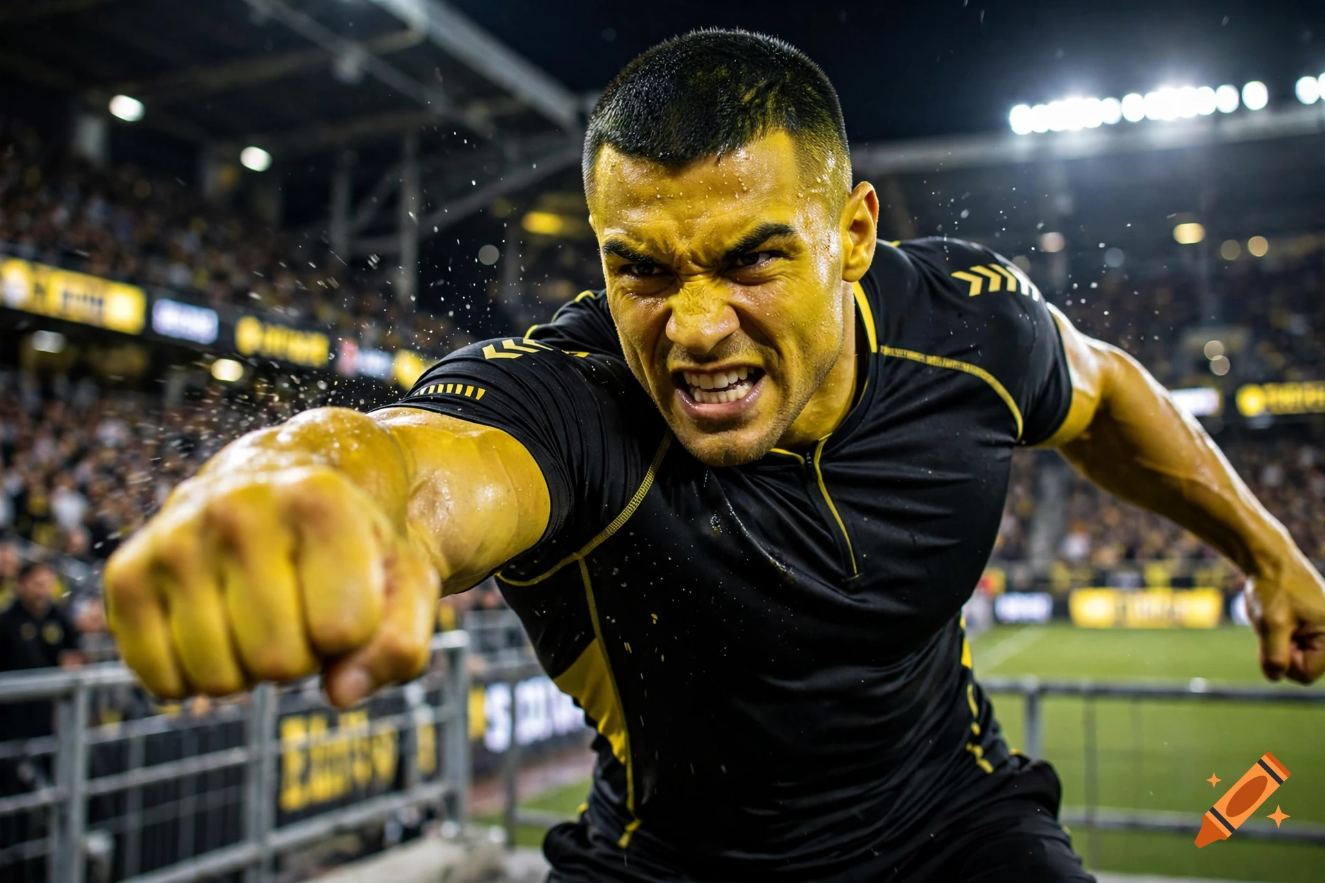 Photorealistic action shot of an athletic man in a black and yellow athletic shirt punching forward in a soccer stadium at night.