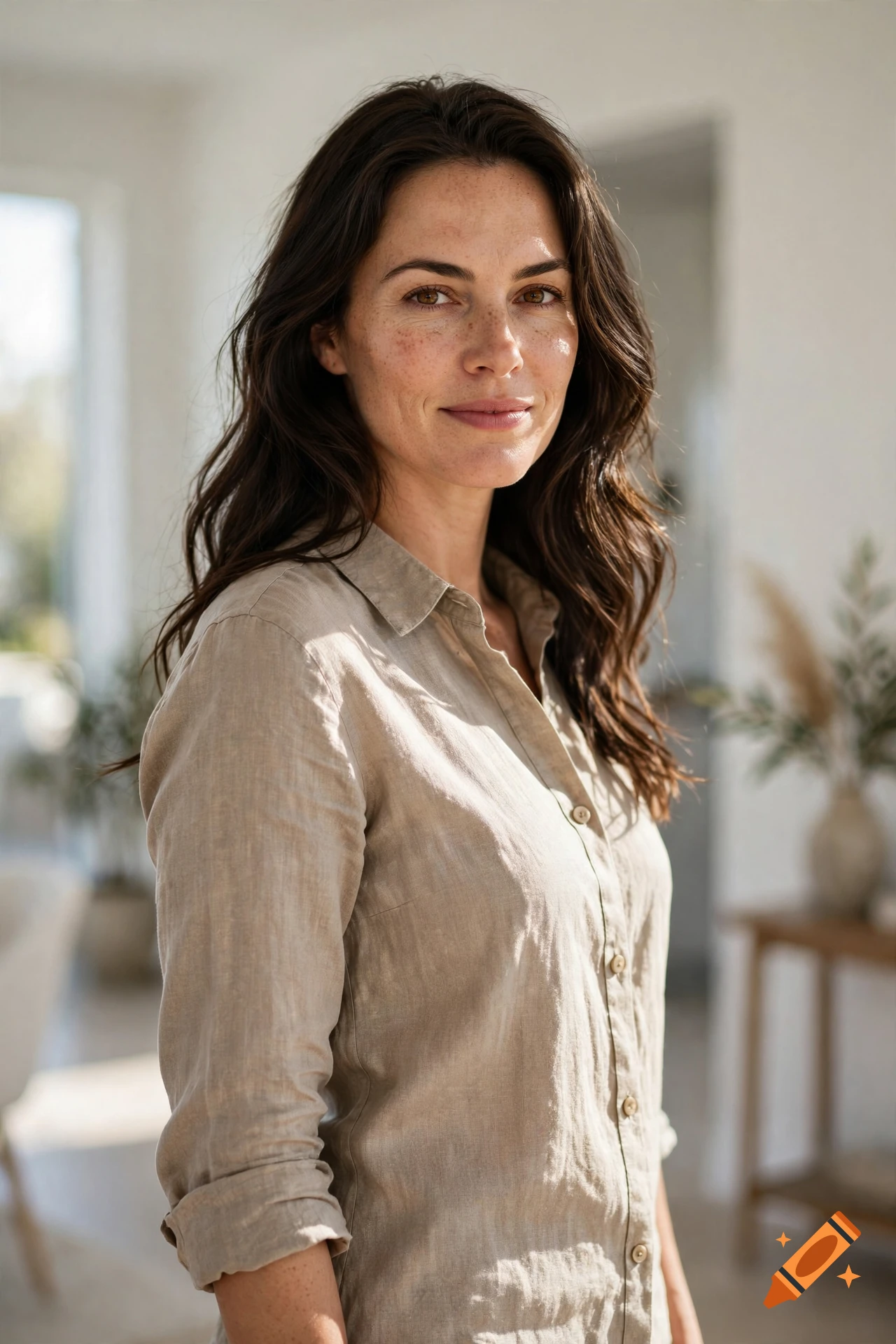 Photorealistic medium shot of a smiling brunette woman with freckles wearing a beige linen button-down shirt indoors.