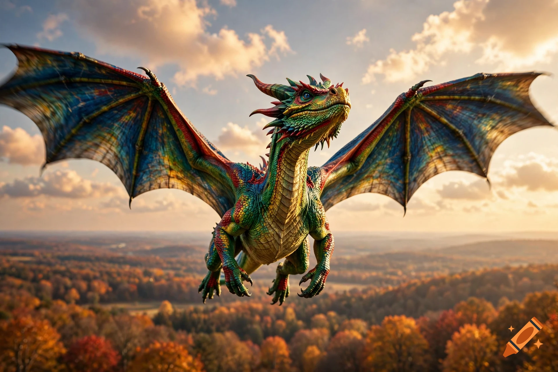 A colorful, scaled dragon flies gracefully against a backdrop of autumnal forests and a warm sunset sky.