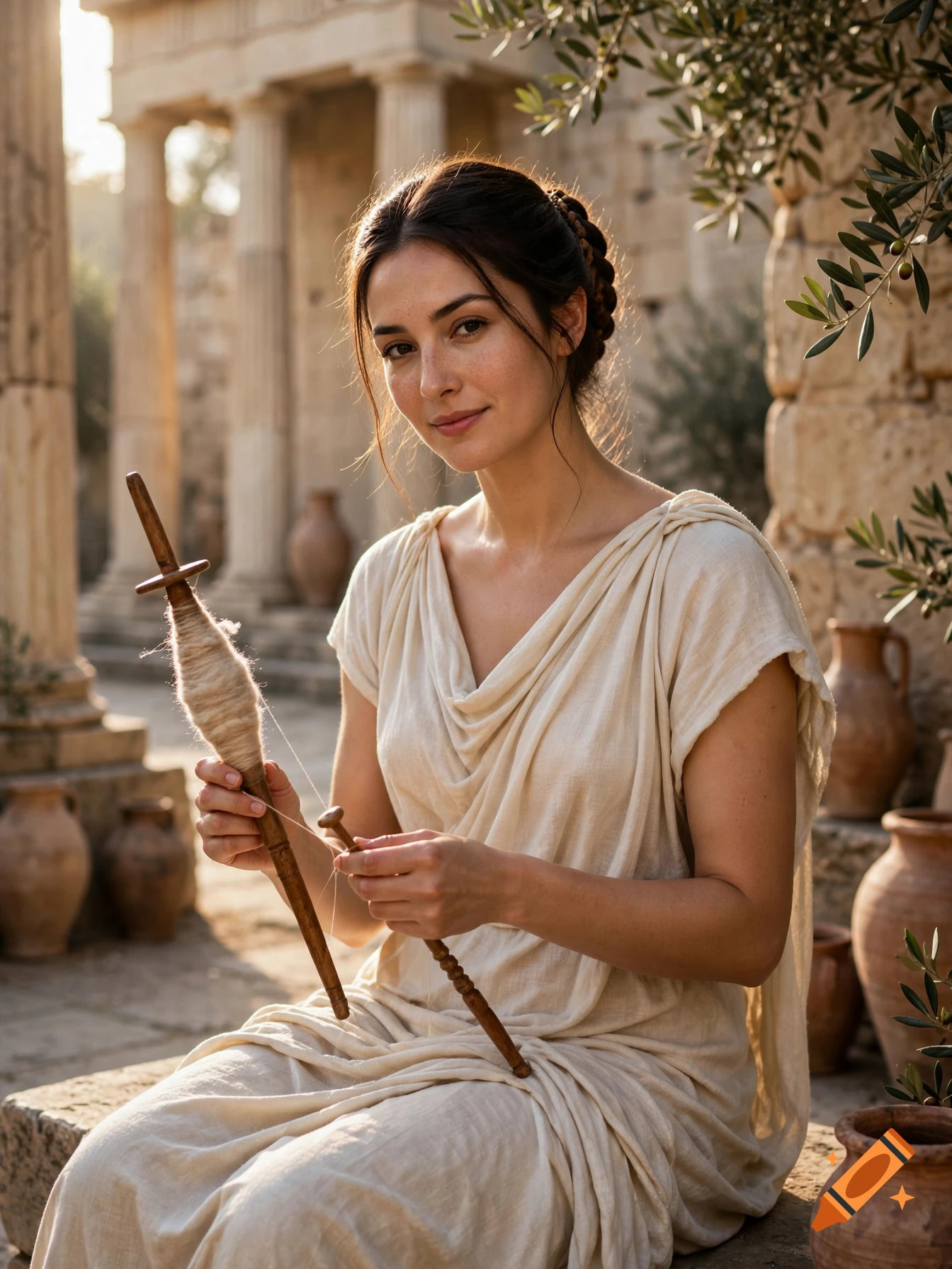 Photorealistic portrait of a woman in an ancient Greek tunic holding a spindle and distaff in a courtyard.