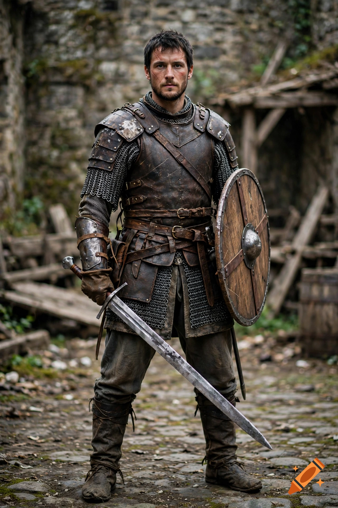 A man in medieval leather armor and chainmail holding a sword and wooden shield.