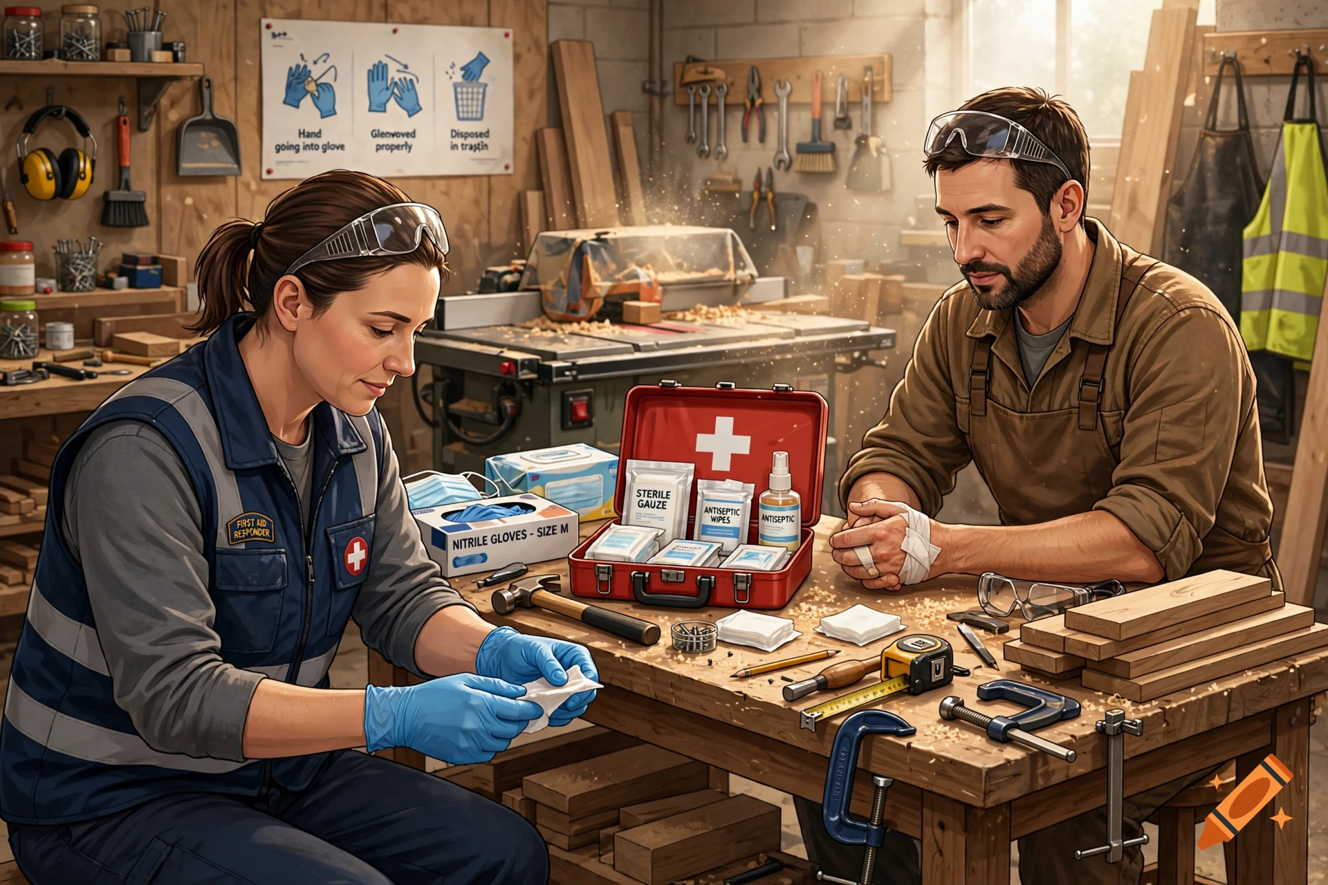 First aid responder in a workshop applying nitrile gloves while treating a worker with a bandaged hand, digital illustration.