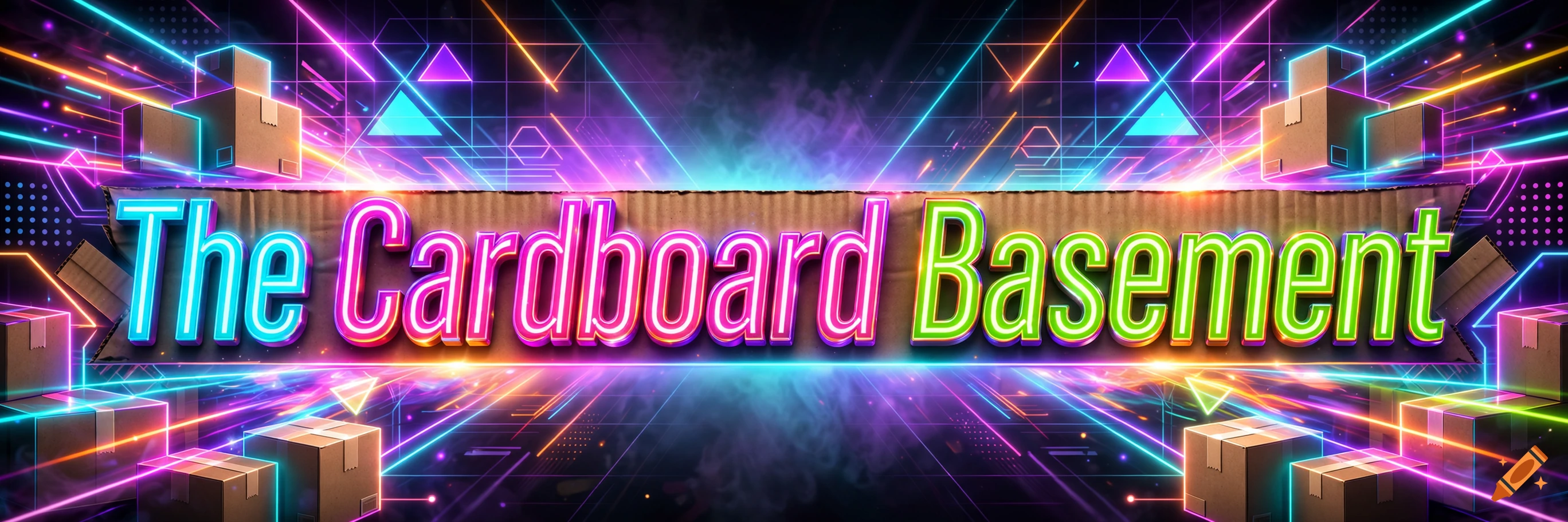 Horizontal neon sign reading The Cardboard Basement surrounded by glowing geometric lines and cardboard boxes in a futuristic setting.