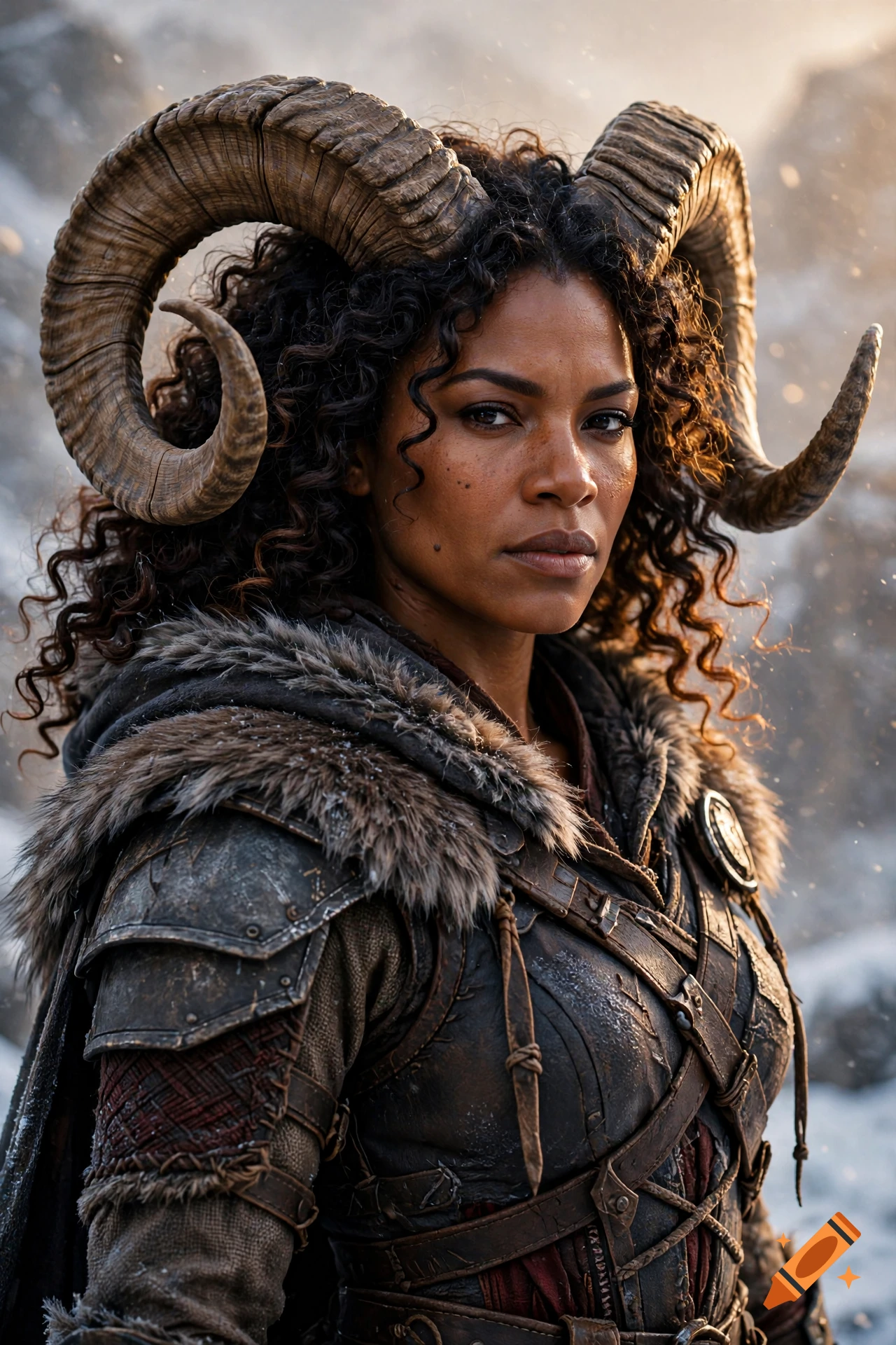 Cinematic photorealistic portrait of an African-American female tiefling barbarian with large ram horns and fur armor, winter setting.