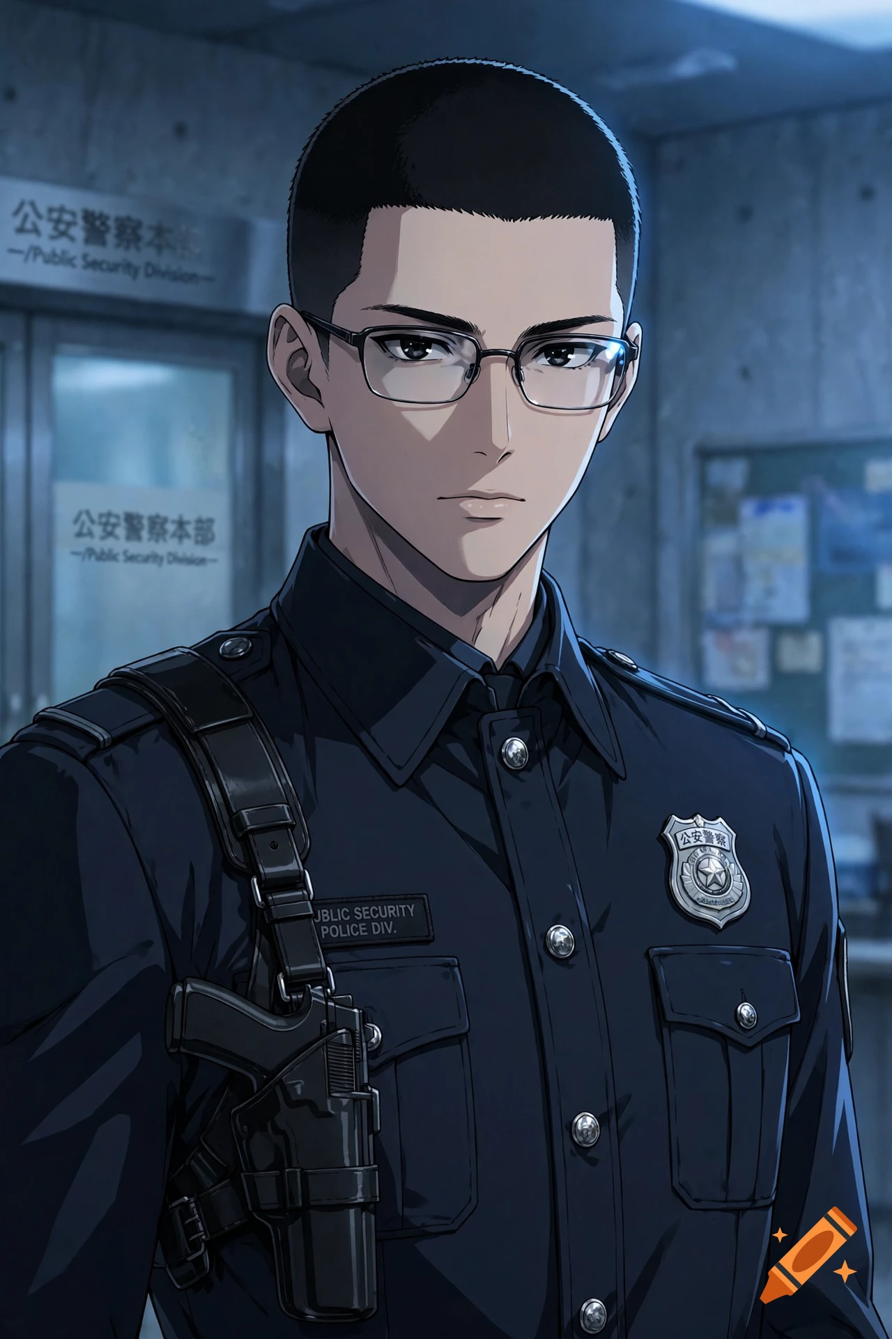 Anime style portrait of a serious Japanese male police officer with short hair and glasses, wearing a dark uniform with a badge and holstered gun.