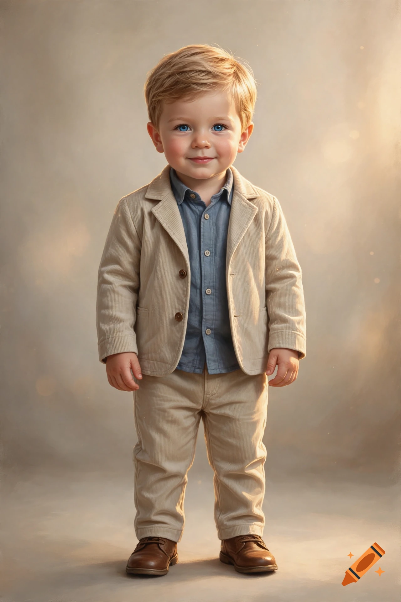 Full body studio portrait of a toddler boy with blonde hair and blue eyes, wearing a beige corduroy suit and blue button-down shirt.