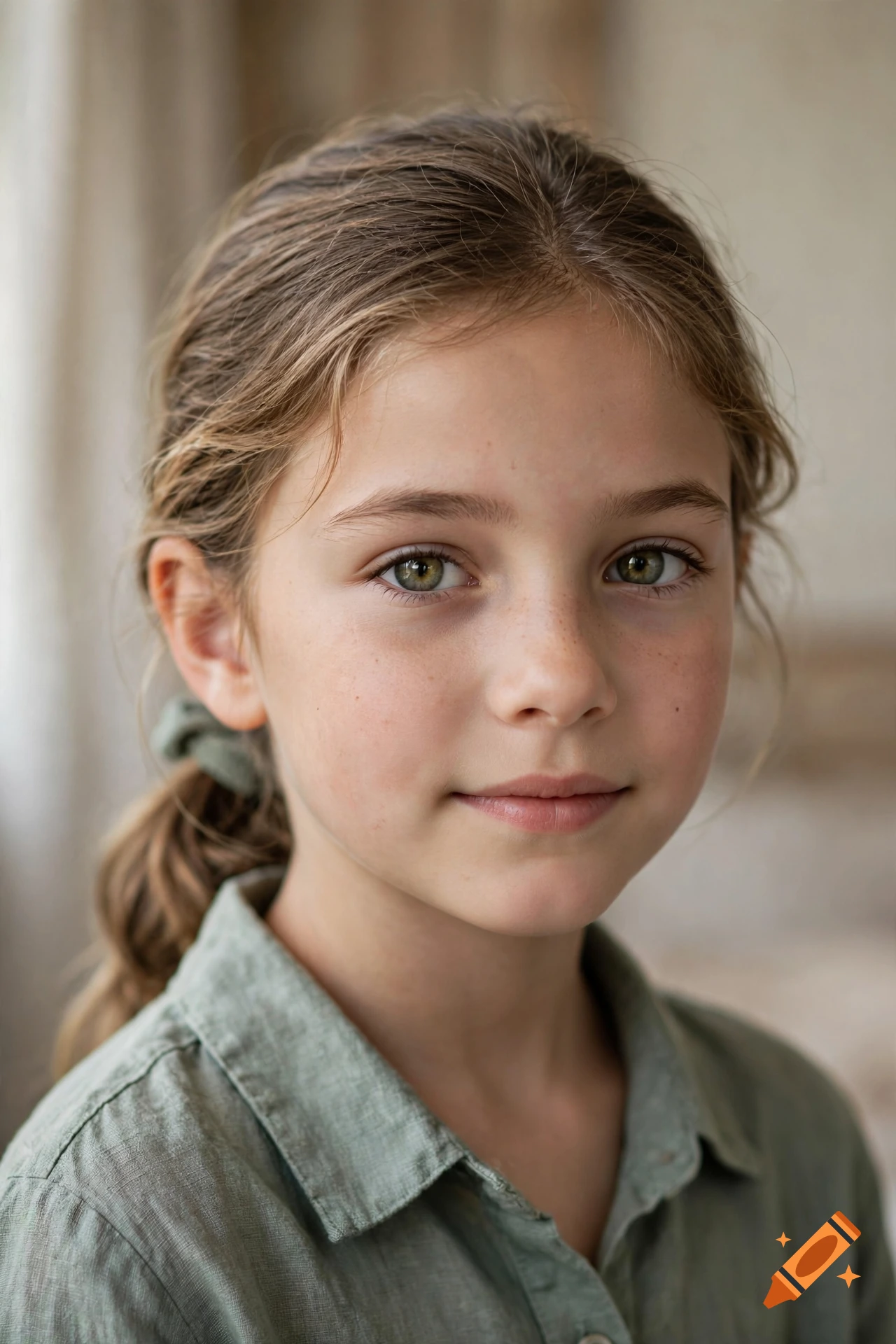 Close-up photorealistic portrait of a young girl with green eyes and brown hair tied back in a green scrunchie, wearing a green button-down shirt.