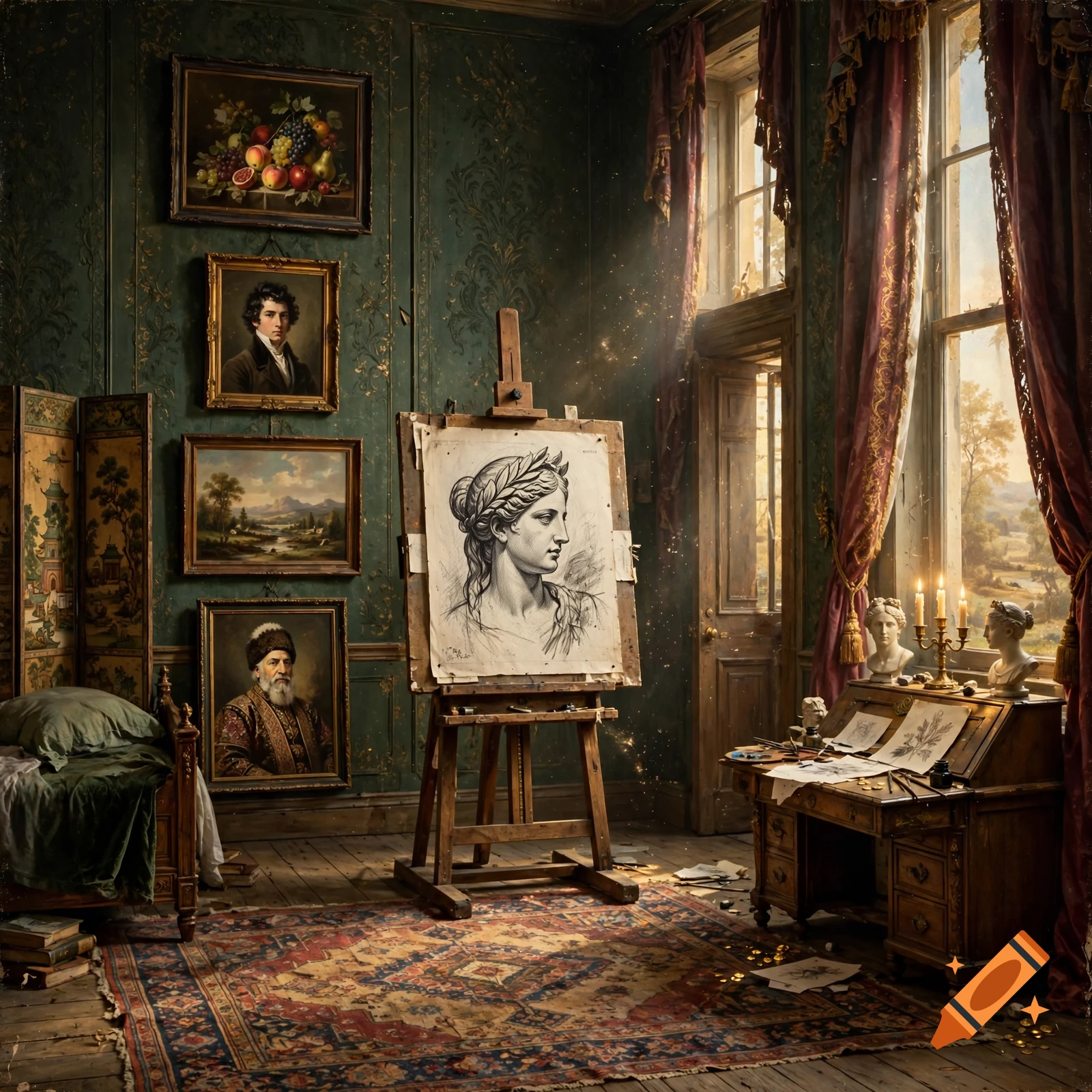 An artist's studio with an easel holding a charcoal portrait, surrounded by paintings on the wall, a window, and a desk in 19th-century style.