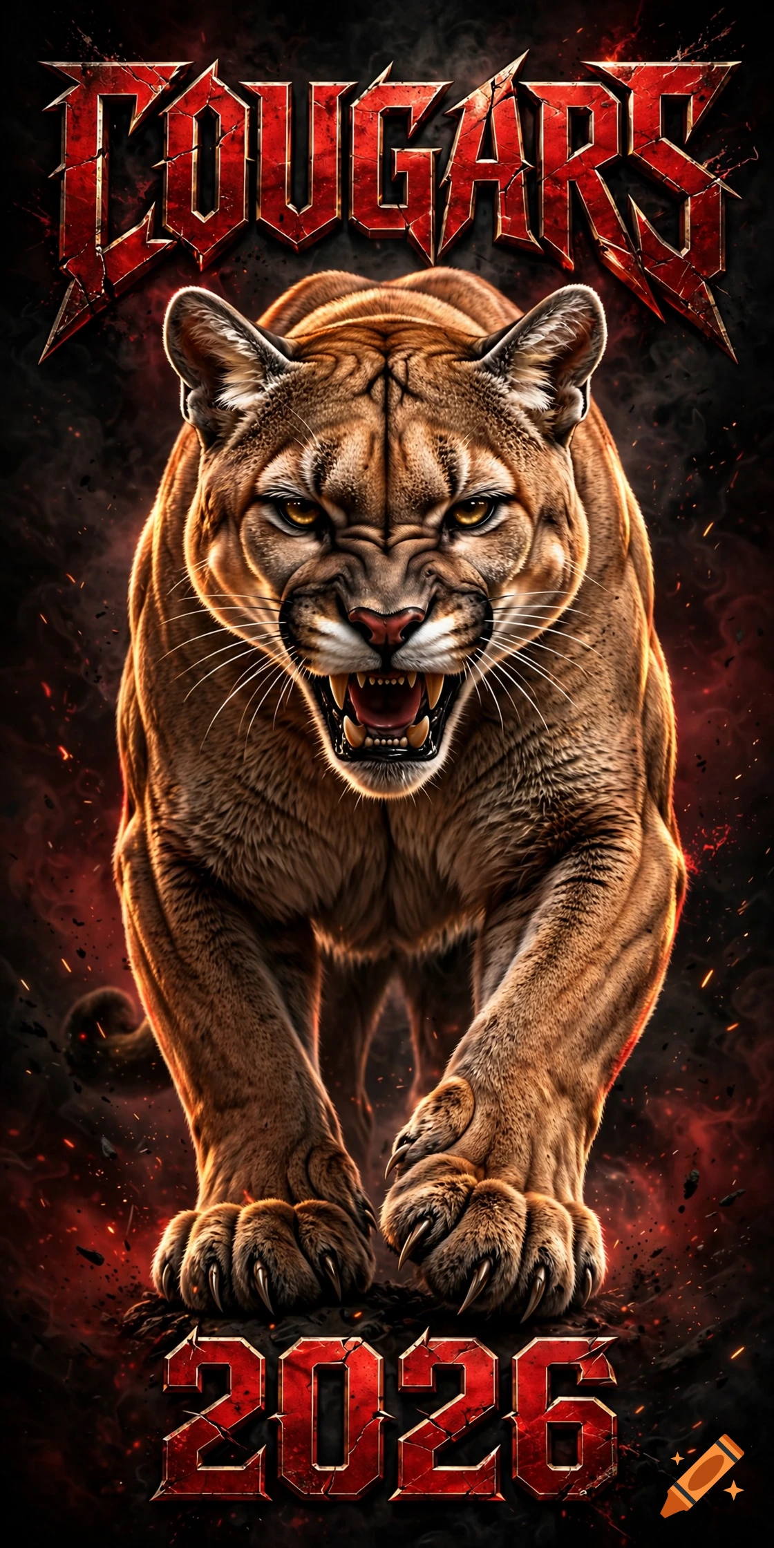An aggressive golden cougar with exposed teeth and claws striding forward, with the heavy metal style text 'COUGARS' above and '2026' below in red.