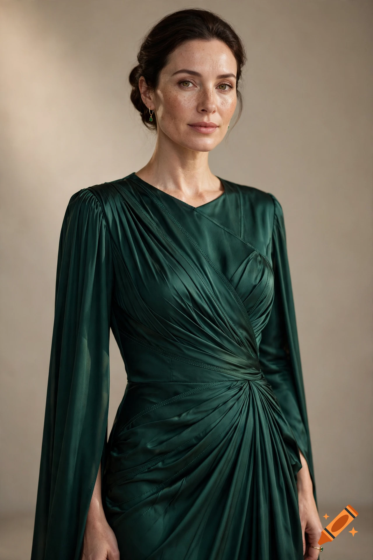 Photorealistic portrait of a woman with dark hair in an updo wearing a long-sleeved emerald green satin dress.